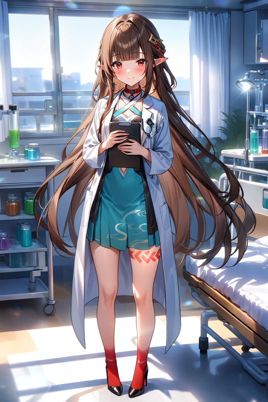 masterpiece, best quality,(1girl), solo,(depth of field),(solo focus),8K,HDR,(ultra high res),(highres),(full body),(lens flare),smiles,blush,(closed mouth), (lingsha),(blunt bangs),(brown hair),(very long hair),(red eyes),(pointy ears ),sidelocks,(hair ornament),(jewelry),(halterneck),(white coat),(lab coat),(blue shirt),(collar shirt),(aqua skirt),(red socks),(black footwear),(high heels),(leg tattoo),scenery,(indoors),(doctor),(bed sheet),cabinet,(blanket),curtains,(standing),(hospital bed),infirmary,lights, stool, day,laboratory,(holding clipboard),(stethoscope),