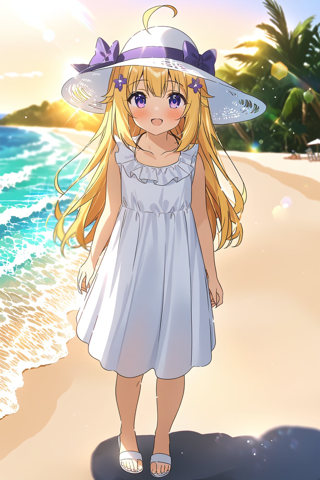 masterpiece, best quality,(1girl), solo,(depth of field),(solo focus),8K,HDR,(ultra high res),(highres),(full body),(lens flare),smiles,blush,ctiank0shi,ahoge (blonde hair),bangs,(long hair),(purple eyes),(hair ornament),(white headwear),(hat bow),(sun hat),(white dress),(short sleeves),(collarbone),(necklace),(white footwear),(sandals),(toenail polish),(standing),(outdoors),beach,ocean,sands,beach,morning,bokeh,