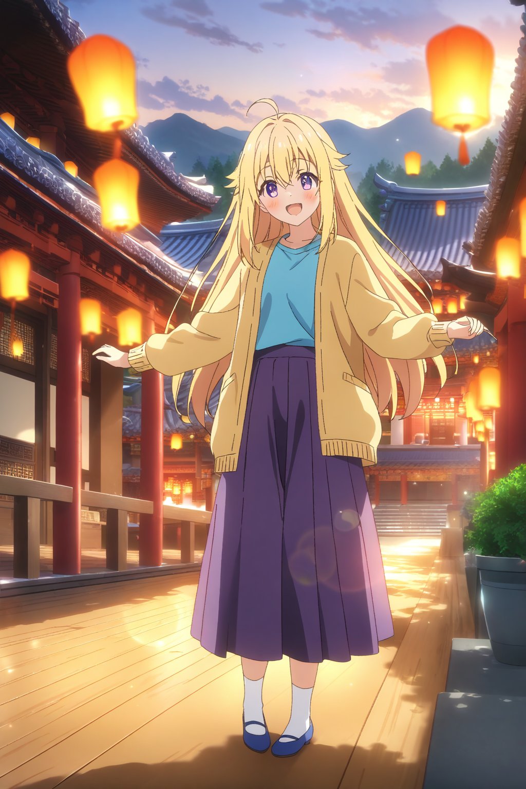 source_anime,masterpiece, best quality,(1girl), solo,(depth of field),(solo focus),8K,HDR,(ultra high res),(highres),(full body),(perfect lighting),(lens flare),smiles,blush,ctiank0shi,ahoge (blonde hair),bangs,(long hair),(purple eyes),(yellow cardigan),(open cardigan),(blue shirt),(long sleeves),(purple skirt),(white socks),(blue footwear),(flats),scenery, outdoors,(east asian architecture),(dancing),(sky lantern),temple,(wooden floor),landscape,bell,stairs, railing,statue,