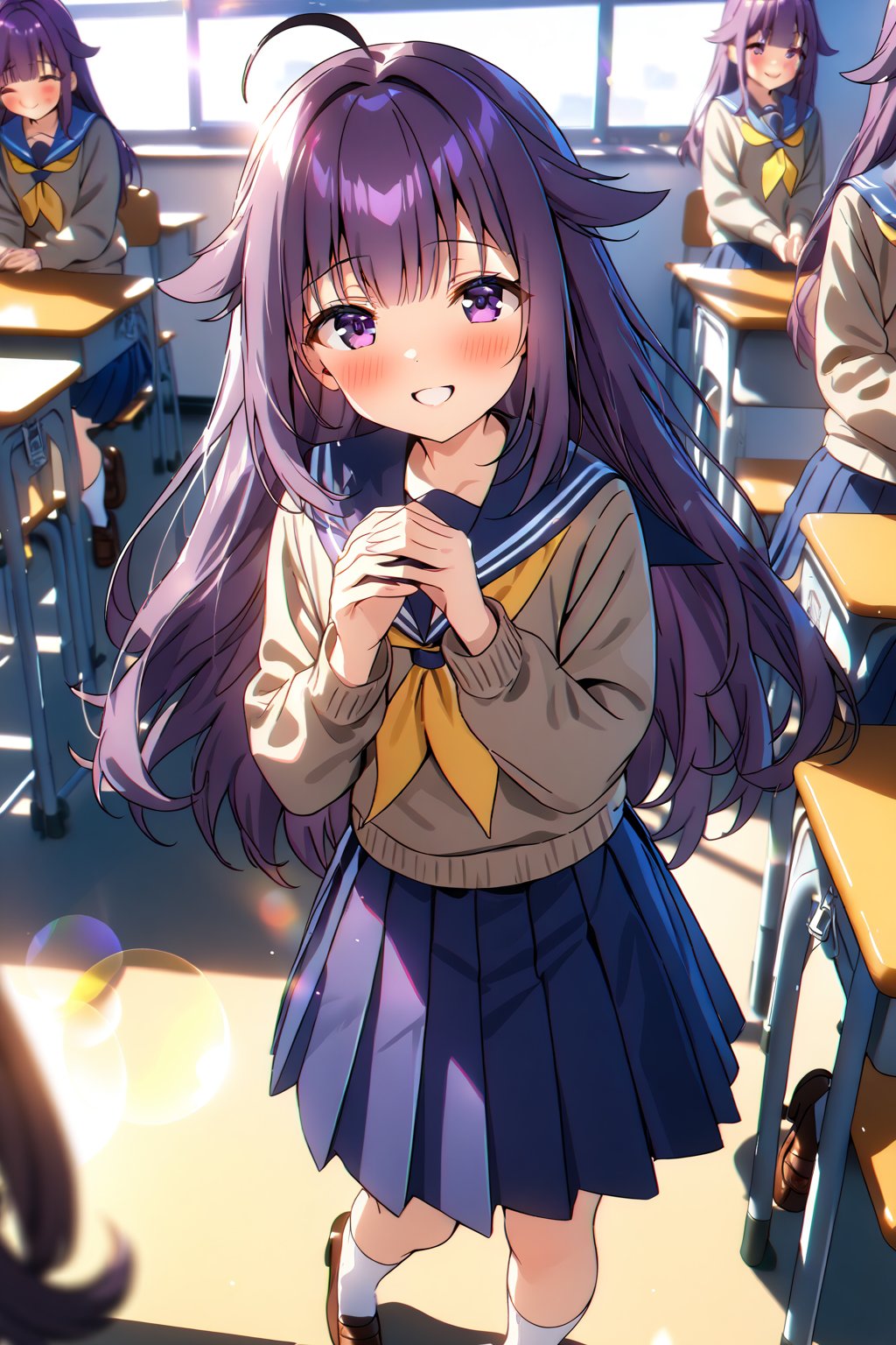 masterpiece, best quality,(1girl), solo,(depth of field),(solo focus),8K,HDR,(ultra high res),(highres),(full body),(full body),(perfect lighting),(lens flare),smiles,blush,(nice hands),(KJOANKO),(ahoge),(bangs),(purple hair),(long hair),(purple eyes),(hair flaps ),(blue sailor collar),(open cardigan),(grey sweater),(yellow neckerchief),(long sleeves ),(serafuku),(blue skirt),(white socks),(brown footwear),(loafers),(school),(classroom),