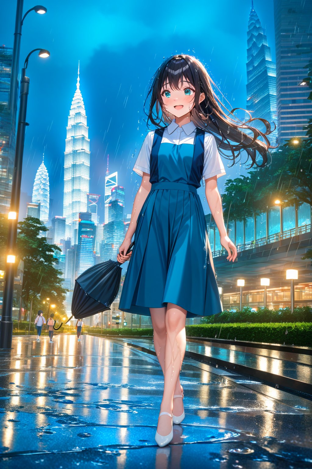 masterpiece, best quality,(1girl), solo,(depth of field),(solo focus),8K,HDR,(ultra high res),(highres),(full body),(perfect lighting),(lens flare),smiles,blush,(black hair), (long hair),(aqua eyes),(floating hair), sidelocks,(malaysian secondary school uniform),(schoollogo),(school's logo on right side (pinafore dress)),(aqua blue skirt),(blue pinafore),(collared shirt),(white shirt),(short sleeves),(no socks),(white footwear),(ballet flats),(walking),(outdoors),(flood),(water),(rainstorm),(rain),(water drop),(cityspace),(holding umbrella),(wet),(lamppost),urban,(wet floor),(petronas twins tower),(Kuala Lumper Tower),Malaysia,