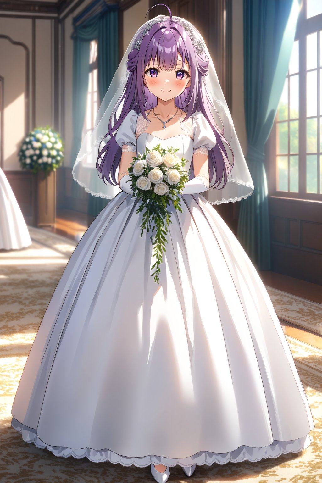 masterpiece, best quality,(1girl), solo,(depth of field),(solo focus),8K,HDR,(ultra high res),(highres),(full body),(lens flare),smiles,blush,(closed mouth), (KJOANKO),(ahoge),(bangs),(purple hair),(long hair),(purple eyes),(collarbone),(hair ornament),(wedding dress), (white dress),(puffy short sleeves),(frilled dress),(white shirt),(skirt), ((white gloves),(lace-trimmed gloves)),(elbow gloves), necklace,jewelry,(white legwear),(white footwear),(high heels), indoors,standing,room, window, curtains, carpet,veil,(holding bouquet),