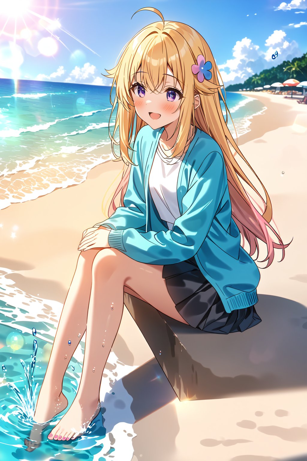 masterpiece, best quality,(1girl), solo,(depth of field),(solo focus),8K,HDR,(ultra high res),(highres),(full body),(lens flare),smiles,blush,ctiank0shi,ahoge (blonde hair),bangs,(long hair),(purple eyes),(hair ornament),(aqua blue cardigan), (open cardigan),(long sleeves),(white shirt),(pink skirt),(casual dress),(barefoot),(toenail polish),(ballet flats),(sitting),(outdoors),beach,ocean,sands,beach,morning,bokeh,(soaking feet),splashing,(water drop),