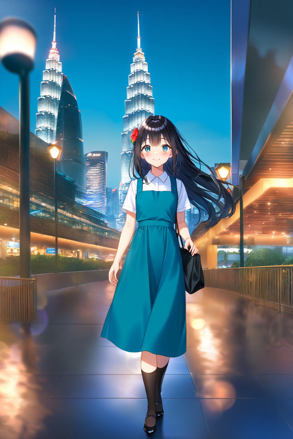 masterpiece, best quality,(1girl), solo,(depth of field),(solo focus),8K,HDR,(ultra high res),(highres),(full body),(lens flare),smiles,blush,(closed mouth),(black hair), (long hair),(aqua eyes),(floating hair), sidelocks,(malaysian secondary school uniform),(schoollogo),(school's logo on right side (pinafore dress)),(aqua blue skirt),(blue pinafore),(collared shirt),(white shirt),(short sleeves),(black socks),(black footwear),(ballet flats),(standing),(outdoors),(cityspace),(holding bag),(lamppost),(building),urban,(petronas twin tower),(Longhouse),(national airport tower),KLCC,(Kuala Lumpur countryside),(Kuala Lumper Tower),Malaysia,(blue sky),landmarks,night,fireworks, 🎇, 🎆,(Hibiscus rosa-sinensis),flower,