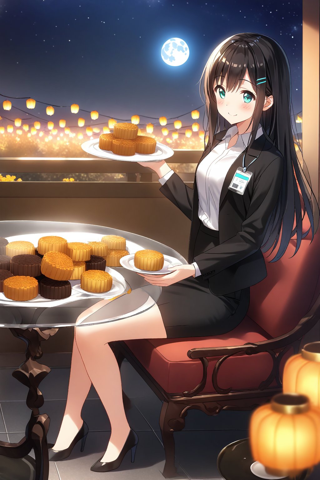 masterpiece, best quality,(1girl), solo,(depth of field),(solo focus),8K,HDR,(ultra high res),(highres),(full body),(full body),(lens flare),smiles,blush,(nice hands), (black hair),(long hair), bangs,(aqua eyes),(hairclip),(id card),(strap),(black jacket),(open jacket),(white shirt),(collared shirt),(black skirt),(pencil skirt),(black footwear),(high heels),(mid-autumn festival),(sky lantern),(sitting),(on chair),(armchair),(balcony),(((brown mooncake),food)on plate),(holding mooncake),(maple leaf),(teacup),(teapot),(sanbou),(tsukimi dango),((glass table),(round table)),(gold osmanthus),(yellow flower),(night sky),(star \(sky\)),(full moon),(culture),china,(tile floor),