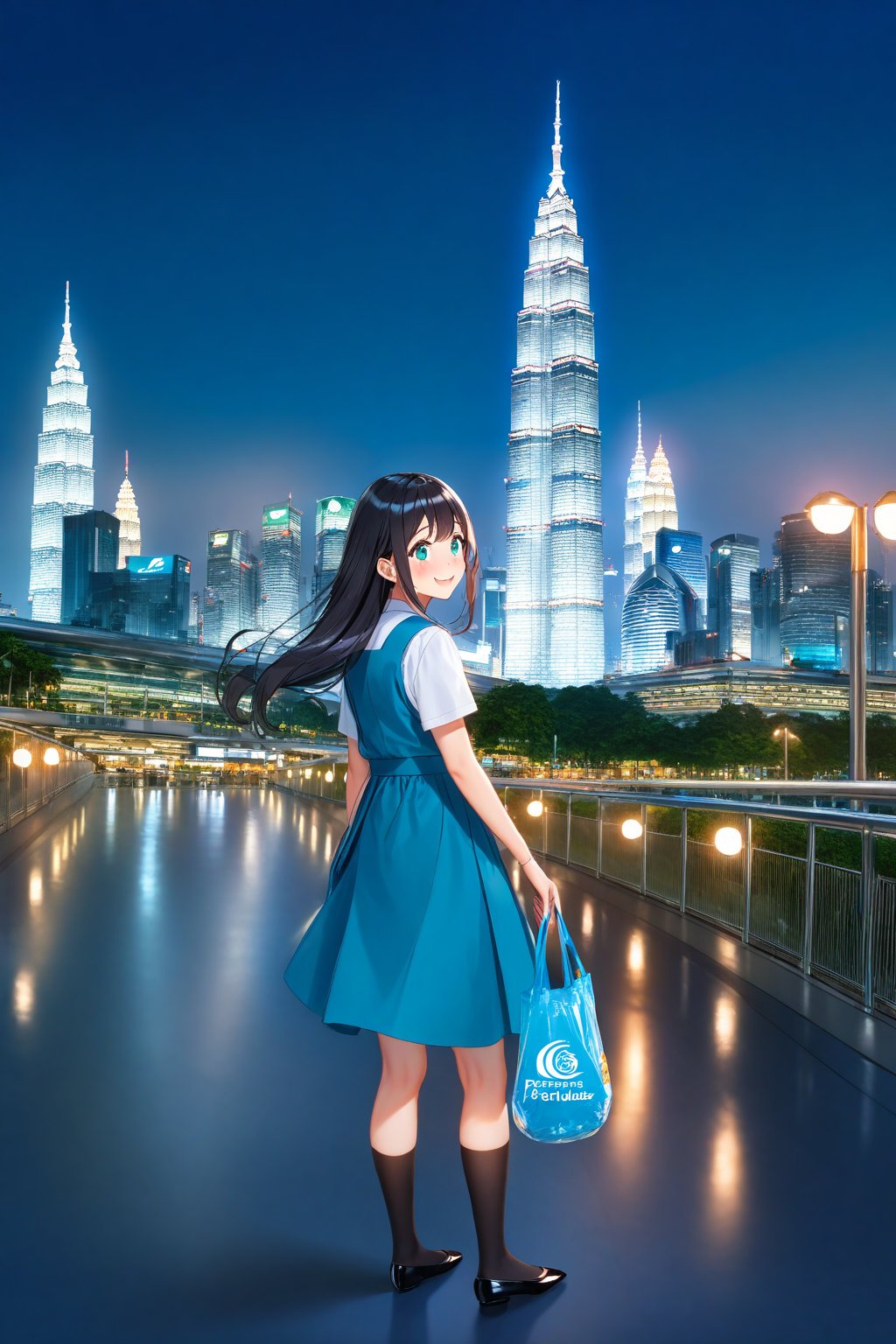 masterpiece, best quality,(1girl), solo,(depth of field),(solo focus),8K,HDR,(ultra high res),(highres),(full body),(lens flare),smiles,blush,(closed mouth),(black hair), (long hair),(aqua eyes),(floating hair), sidelocks,(malaysian secondary school uniform),(schoollogo),(school's logo on right side (pinafore dress)),(aqua blue skirt),(blue pinafore),(collared shirt),(white shirt),(short sleeves),(black socks),(black footwear),(ballet flats),(standing),(outdoors),(cityspace),(holding bag),(lamppost),(building),urban,(petronas twin tower),(Longhouse),(national airport tower),KLCC,(Kuala Lumpur countryside),(Kuala Lumper Tower),Malaysia,(blue sky),landmarks,night,fireworks, 🎇, 🎆,(Hibiscus rosa-sinensis),flower,