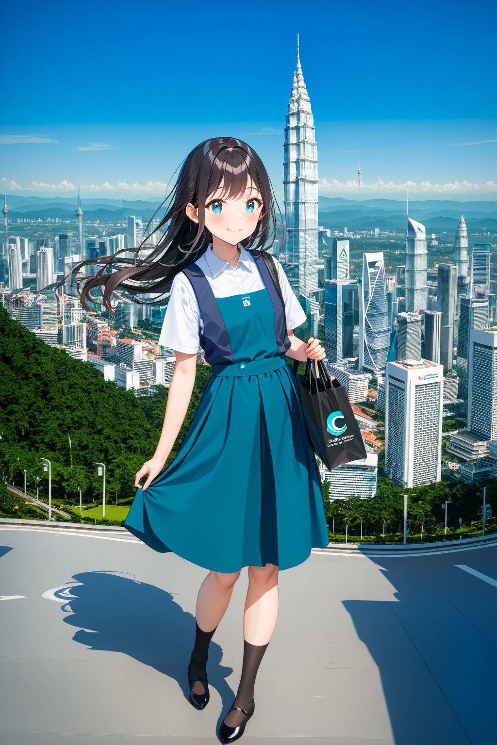 masterpiece, best quality,(1girl), solo,(depth of field),(solo focus),8K,HDR,(ultra high res),(highres),(full body),(lens flare),smiles,blush,(closed mouth),(black hair), (long hair),(aqua eyes),(floating hair), sidelocks,(malaysian secondary school uniform),(schoollogo),(school's logo on right side (pinafore dress)),(aqua blue skirt),(blue pinafore),(collared shirt),(white shirt),(short sleeves),(black socks),(black footwear),(ballet flats),(standing),(outdoors),(cityspace),(holding bag),(lamppost),urban,(petronas twins tower),(twin tower),(national airport tower),KLCC,(Kuala Lumpur countryside),(Kuala Lumper Tower),Malaysia,(blue sky),