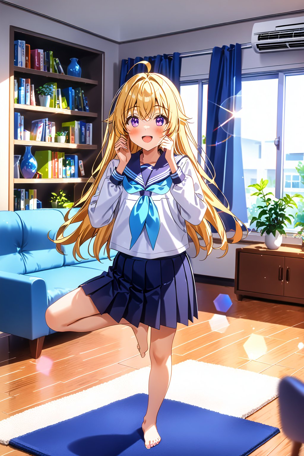 score_9, score_8_up, score_7_up, source_anime, masterpiece, best quality,(1girl), solo,(depth of field),(solo focus),8K,HDR,(ultra high res),(highres),(full body),(lens flare),smiles,blush,ctiank0shi,ahoge (blonde hair),bangs,(long hair),(purple eyes),(long sleeves),(serafuku), (blue sailor collar),(white shirt),(blue neckerchief),(dark blue skirt),(pleated skirt),(barefoot),(toenail polish),(no shoes),(indoors),(room),(couch),(pillow),curtain,window,(air conditioner),(bookshelf),table,vase,carpet,(doyotr),(doing yoga tree),