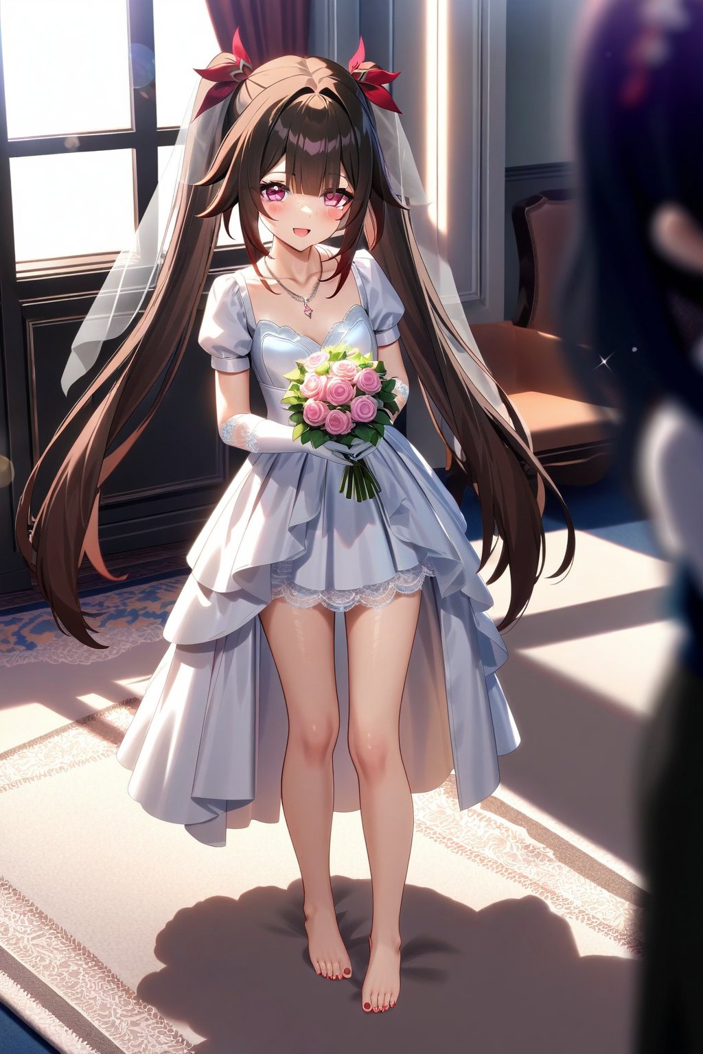 masterpiece, best quality,(1girls), solo,(depth of field),(solo focus),8K,HDR,(ultra high res),(highres),(full body),(perfect lighting),(lens flare),smiles,blush,(nice hands), (perfect hands),(sparkle \(honkai: star rail\)),(wispy bangs),(dark brown hair),(pink eyes),(very long hair),(twintails),(hair between eyes),(hair ornament),(wedding dress), (white dress),(puffy short sleeves),(frilled dress),(white shirt),(skirt), ((white gloves),(lace-trimmed gloves)),(elbow gloves), necklace,jewelry,(no shoes),(barefoot),(toenail polish),(red nails), indoors,standing,room, window,curtains, carpet,veil,(holding bouquet),