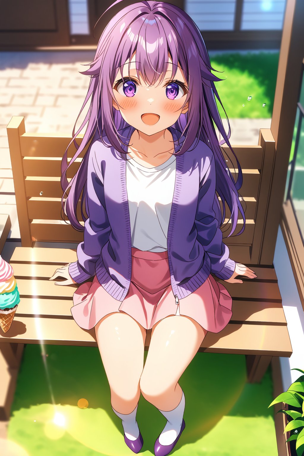 score_9, score_8_up, score_7_up,source_anime, masterpiece, best quality,(1girl), solo,(depth of field),(solo focus),8K,HDR,(ultra high res),(highres),(full body),(lens flare),smiles,blush,KJOANKO,ahoge (purple hair),bangs,(long hair),(purple eyes),(collarbone),(purple cardigan),(open cardigan),(white shirt),(pink skirt),(white socks),(purple footwear),(ballet flat),(holding food),(ice cream),eating,(open mouth),(front porch),(sitting on a porch swing),veranda,indoors,