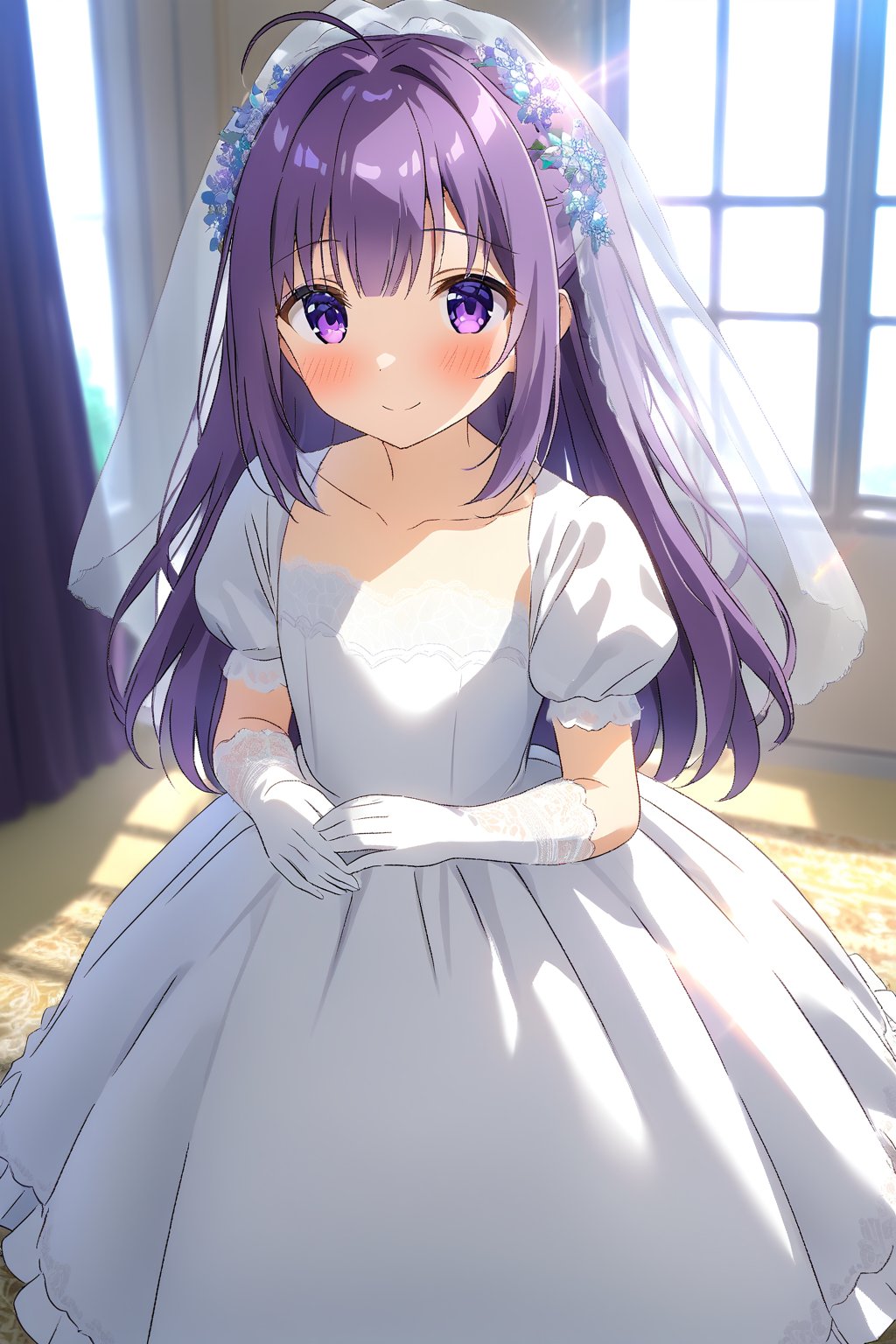 masterpiece, best quality,(1girl), solo,(depth of field),(solo focus),8K,HDR,(ultra high res),(highres),(full body),(lens flare),smiles,blush,(closed mouth), (KJOANKO),(ahoge),(bangs),(purple hair),(long hair),(purple eyes),(collarbone),(hair ornament),(wedding dress), (white dress),(puffy short sleeves),(frilled dress),(white shirt),(skirt), ((white gloves),(lace-trimmed gloves)),(elbow gloves), necklace,jewelry,(white legwear),(no shoes), indoors,standing,room, window, curtains, carpet,veil,(holding bouquet),