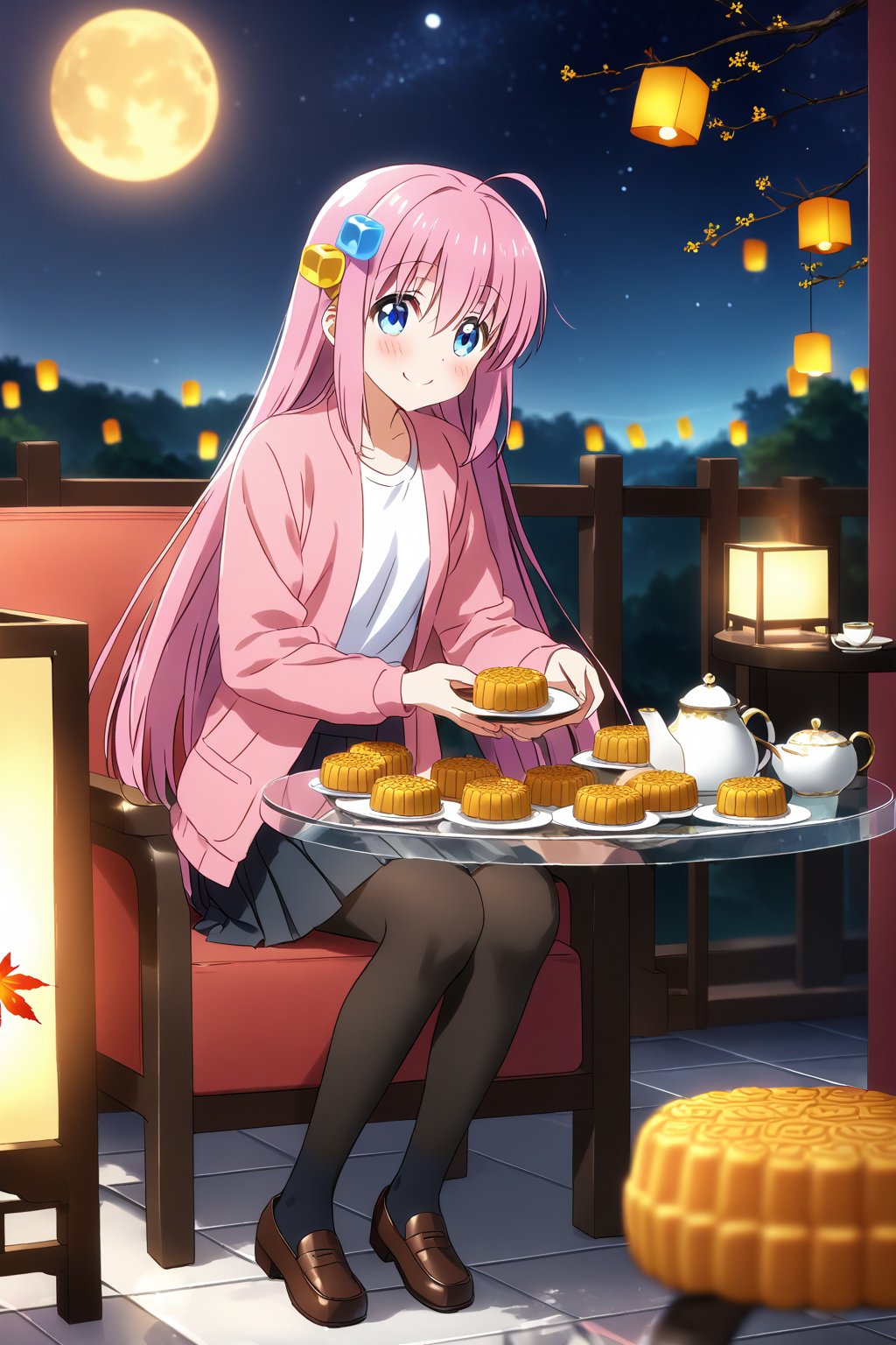 masterpiece, best quality,(1girl), solo,(depth of field),(solo focus),8K,HDR,(ultra high res),(highres),(full body),(full body),(lens flare),smiles,blush,(nice hands), (hitori gotou),bangs,(pink hair), (long hair), (very long hair),(blue eyes),ahoge,(hair between eyes),((hair ornament), ((cube hair ornament), (blue cube), (yellow cube)),(pink jacket)),(open jacket),(white shirt),(pleated skirt),(black skirt),(long sleeves),(black socks),(brown footwear),(loafers),(mid-autumn festival),(sky lantern),(sitting),(on chair),(armchair),(balcony),(((brown mooncake),food)on plate),(holding mooncake),(maple leaf),(teacup),(teapot),(sanbou),(tsukimi dango),((glass table),(round table)),(gold osmanthus),(yellow flower),(night sky),(star \(sky\)),(full moon),(culture),china,(tile floor),