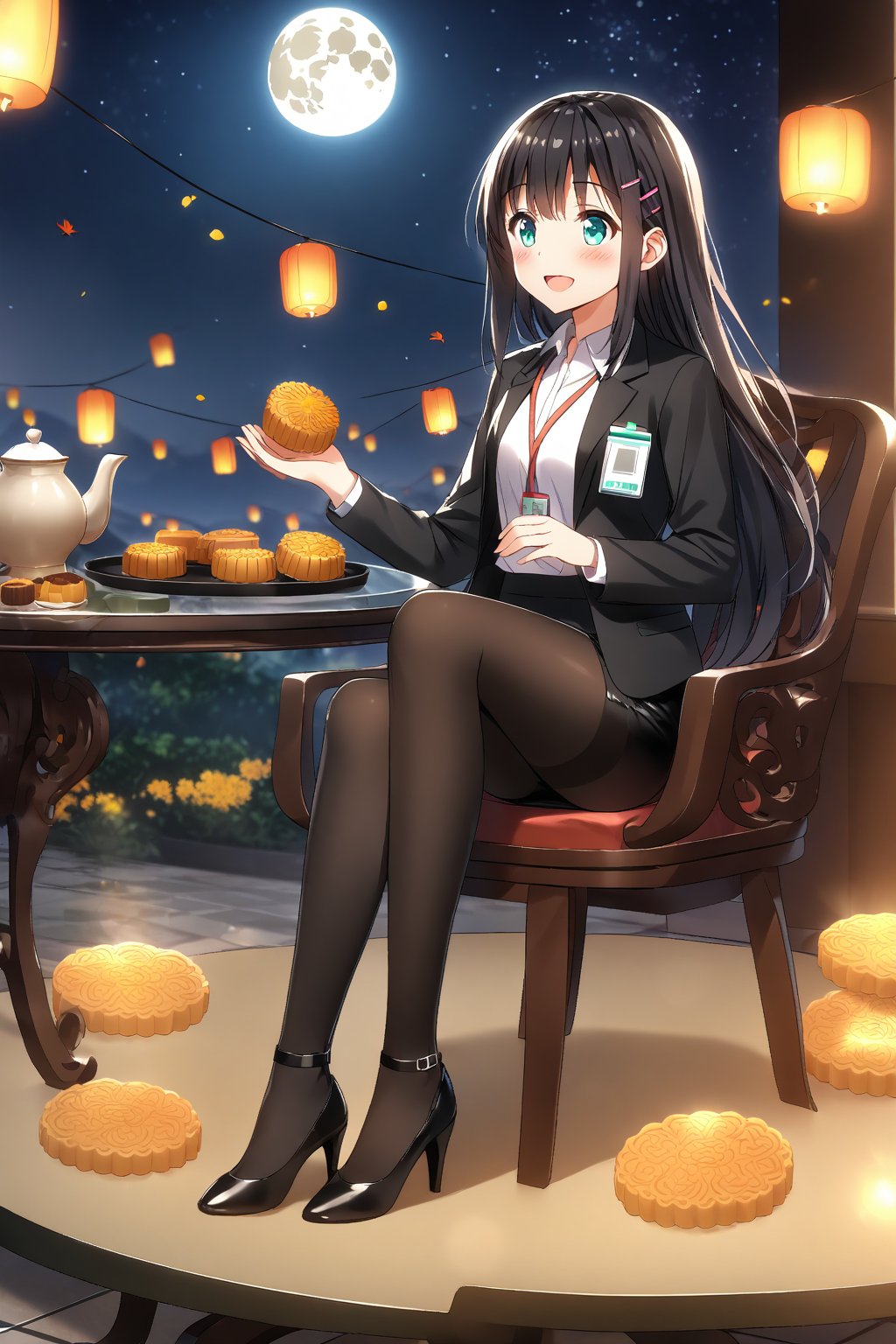 masterpiece, best quality,(1girl), solo,(depth of field),(solo focus),8K,HDR,(ultra high res),(highres),(full body),(full body),(lens flare),smiles,blush,(nice hands), (black hair),(long hair), bangs,(aqua eyes),(hairclip),(id card),(strap),(black jacket),(open jacket),(white shirt),(collared shirt),(black skirt),(pencil skirt),(black pantyhose),(black footwear),(high heels),(mid-autumn festival),(sky lantern),(sitting),(on chair),(armchair),(balcony),(((brown mooncake),food)on plate),(holding mooncake),(maple leaf),(teacup),(teapot),(sanbou),(tsukimi dango),((glass table),(round table)),(gold osmanthus),(yellow flower),(night sky),(star \(sky\)),(full moon),(culture),china,(tile floor),