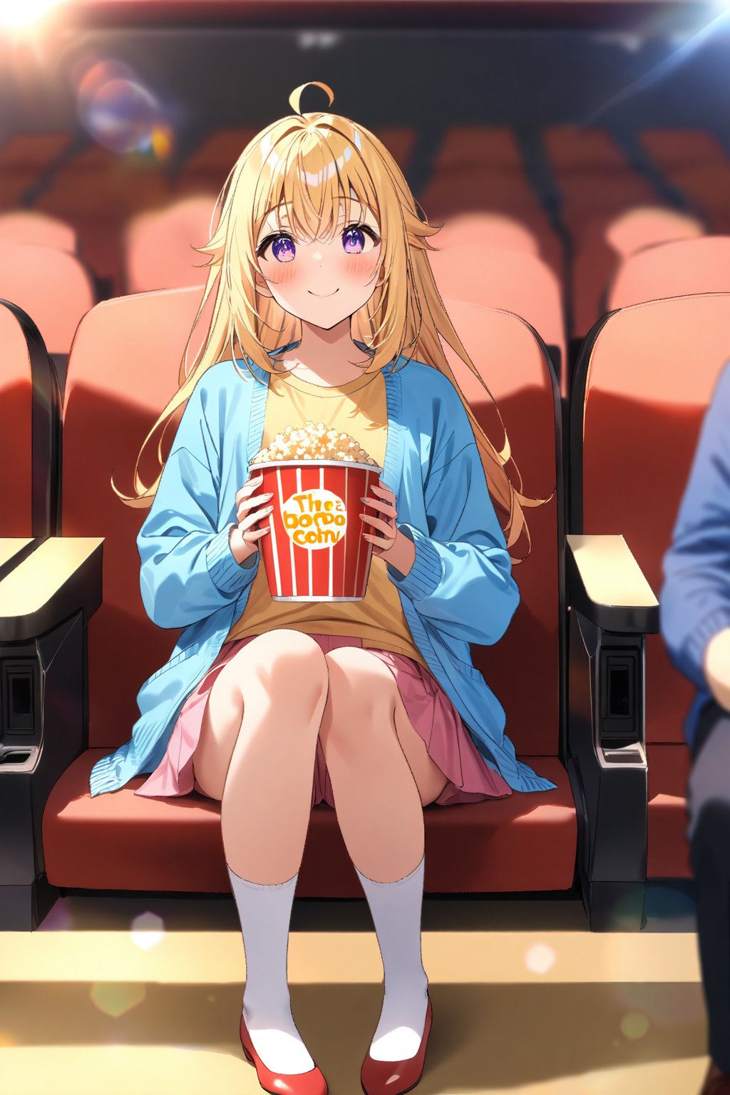 masterpiece, best quality,(1girl), solo,(depth of field),(solo focus),8K,HDR,(ultra high res),(highres),(full body),(lens flare),smiles,blush,(closed mouth), ctiank0shi,ahoge (blonde hair),bangs,(long hair),(purple eyes),(blue cardigan),(open cardigan),(yellow shirt),(long sleeves),(pink skirt),(white socks),(red footwear),(flats),(sitting),indoors, cinema,(holding food),(popcorn),(disposable cup),(movie theater),(out of frame),(theater seating),