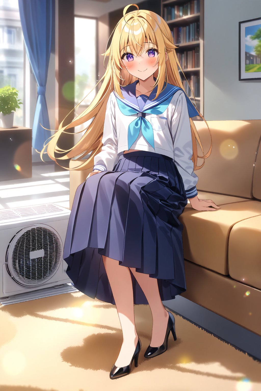 score_9, score_8_up, score_7_up, source_anime, masterpiece, best quality,(1girl), solo,(depth of field),(solo focus),8K,HDR,(ultra high res),(highres),(full body),(lens flare),smiles,blush,(closed mouth), ctiank0shi,ahoge (blonde hair),bangs,(long hair),(purple eyes),(serafuku), (blue sailor collar),(white shirt),(blue neckerchief),(dark blue skirt),(long skirt),(pleated skirt),(black footwear),(high heels),(indoors),(room),(curtain),(bookshelf),couch,carpet,(air conditioner),(no socks)