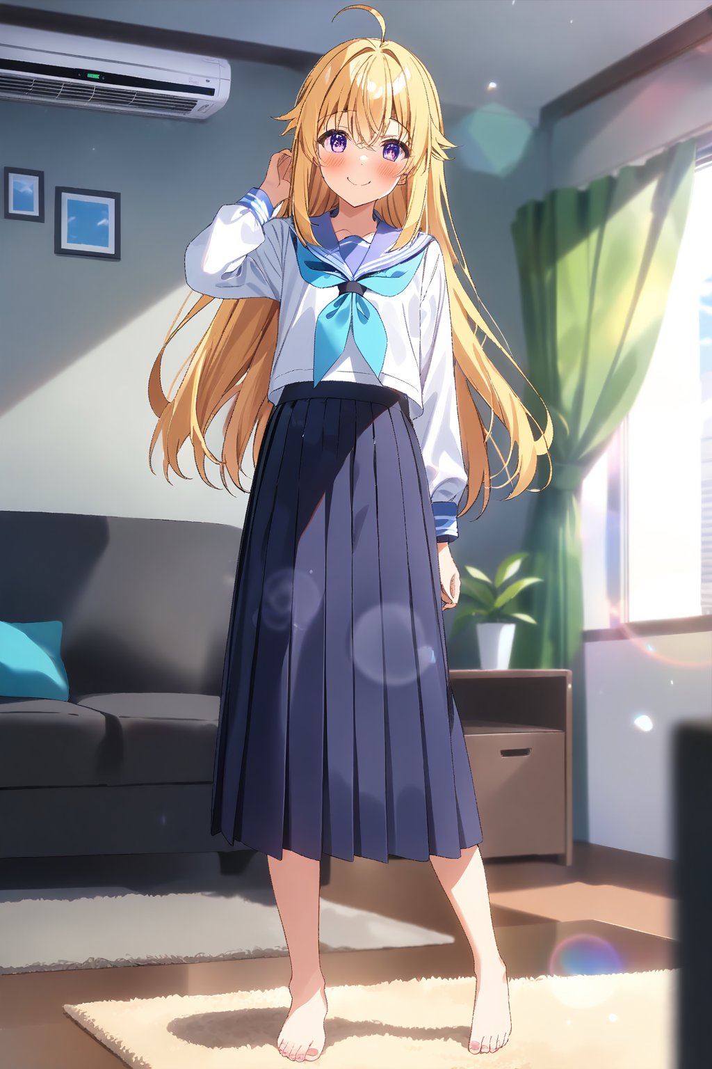 score_9, score_8_up, score_7_up, source_anime, masterpiece, best quality,(1girl), solo,(depth of field),(solo focus),8K,HDR,(ultra high res),(highres),(full body),(lens flare),smiles,blush,(closed mouth), ctiank0shi,ahoge (blonde hair),bangs,(long hair),(purple eyes),(serafuku), (blue sailor collar),(white shirt),(blue neckerchief),(dark blue skirt),(long skirt),(pleated skirt),(barefoot),(toenail polish),(indoors),(room),(curtain),(bookshelf),couch,carpet,(air conditioner),(no shoes)