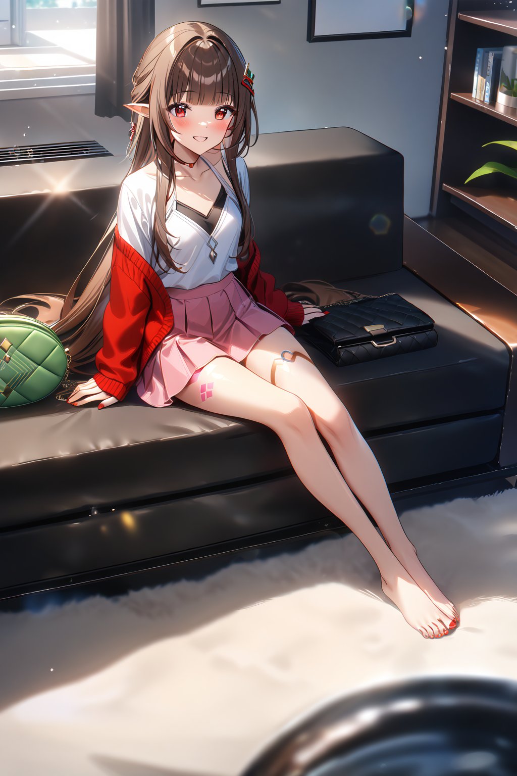 masterpiece, best quality,(1girl), solo,(depth of field),(solo focus),8K,HDR,(ultra high res),(highres),(full body),(lens flare),smiles,blush,(lingsha),(blunt bangs),(brown hair),(very long hair),(red eyes),(pointy ears ),sidelocks,(hair ornament),(jewelry),(halterneck),(red cardigan),(open cardigan),(white shirt),(collarbone),(pink skirt),(red socks),(barefoot),(toenail polish),(red nails),(leg tattoo),(handbag),indoors,(living room),(shelf),(air condition),(modern room),(curtain),carpet,(sitting on couch),