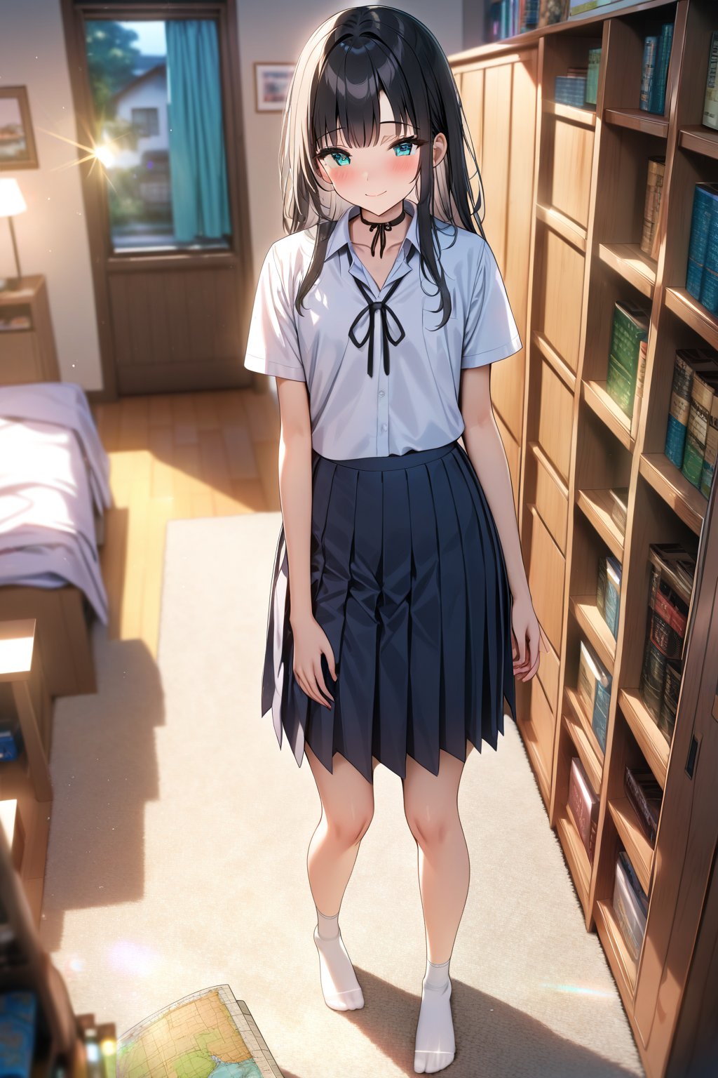 masterpiece, best quality,(1girls), solo,(depth of field),(solo focus),8K,HDR,(ultra high res),(highres),(full body),(lens flare),smiles,blush,(black hair),(long hair),(aqua eyes),(bangs),(white shirt),(collar shirt),(short sleeves),(black ribbon),(neck ribbon),(dark blue skirt),(white socks),(no shoes)(Thai school uniform),indoors,(closed mouth),(room),standing,map, curtain,carpet,shelf,