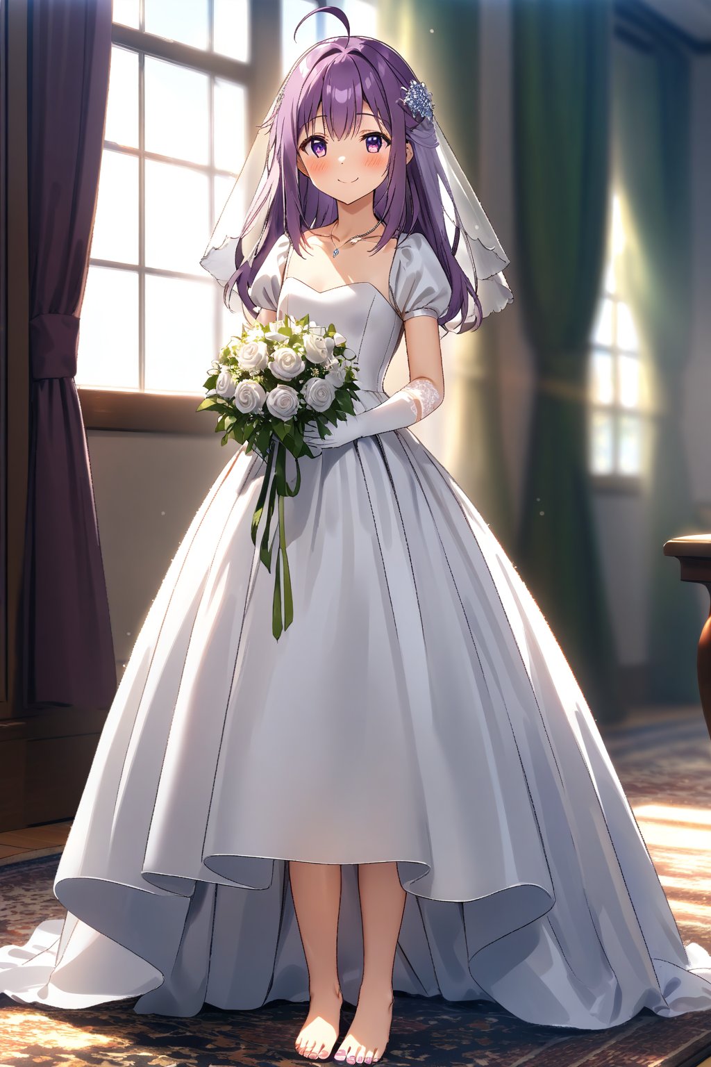 masterpiece, best quality,(1girl), solo,(depth of field),(solo focus),8K,HDR,(ultra high res),(highres),(full body),(lens flare),smiles,blush,(closed mouth), (KJOANKO),(ahoge),(bangs),(purple hair),(long hair),(purple eyes),(collarbone),(hair ornament),(wedding dress), (white dress),(puffy short sleeves),(frilled dress),(white shirt),(skirt), ((white gloves),(lace-trimmed gloves)),(elbow gloves), necklace,jewelry,(barefoot),(toenail polish), indoors,standing,room, window, curtains, carpet,veil,(holding bouquet),