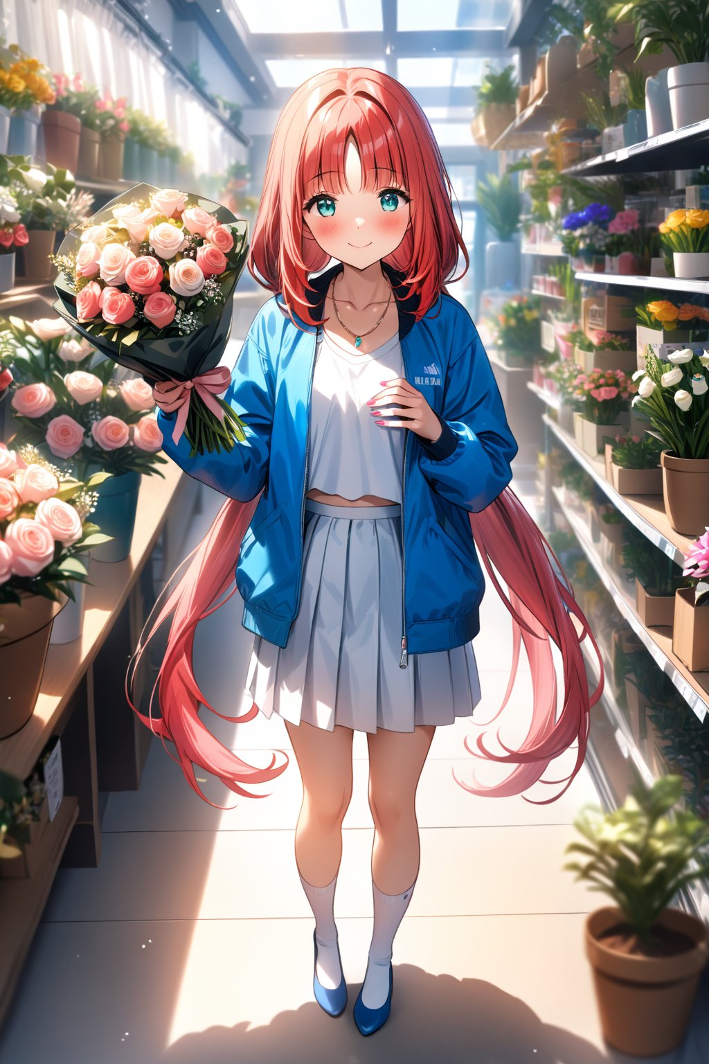 masterpiece, best quality,(1girl), solo,(depth of field),(solo focus),8K,HDR,(ultra high res),(highres),(full body),(lens flare),smiles,blush,(closed mouth),(nilou),(red hair),(nail polish), (aqua eyes), (very long hair), (low twintails),(collarbone),(necklace),(blue jacket),(open jacket),(pink shirt),(white skirt),(white socks),(blue footwear),(flats),(standing),(indoors),curtains,(flower shop),(shop),(holding bouquet),florist,(loaded interior),(potted plant),(flower),vase,wreath,