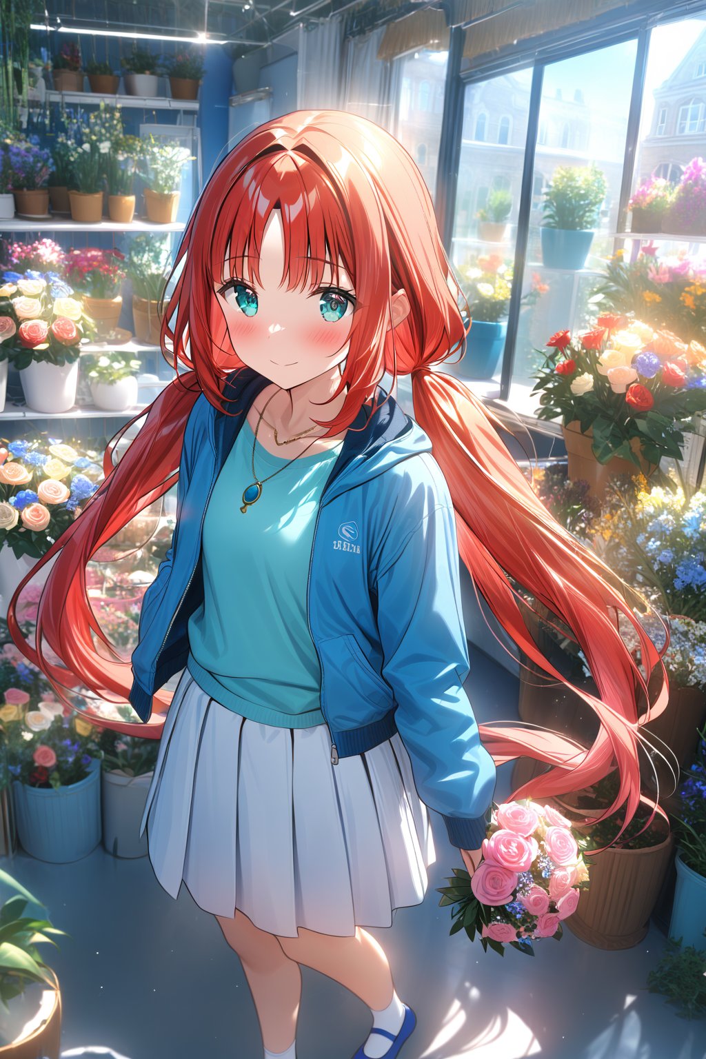 masterpiece, best quality,(1girl), solo,(depth of field),(solo focus),8K,HDR,(ultra high res),(highres),(full body),(lens flare),smiles,blush,(closed mouth),(nilou),(red hair),(nail polish), (aqua eyes), (very long hair), (low twintails),(collarbone),(necklace),(blue jacket),(open jacket),(pink shirt),(white skirt),(white socks),(blue footwear),(flats),(standing),(indoors),curtains,(flower shop),(shop),(holding bouquet),florist,(loaded interior),(potted plant),(flower),vase,wreath,