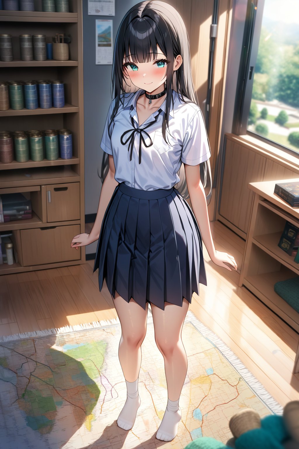 masterpiece, best quality,(1girls), solo,(depth of field),(solo focus),8K,HDR,(ultra high res),(highres),(full body),(lens flare),smiles,blush,(black hair),(long hair),(aqua eyes),(bangs),(white shirt),(collar shirt),(short sleeves),(black ribbon),(neck ribbon),(dark blue skirt),(white socks),(no shoes)(Thai school uniform),indoors,(closed mouth),(room),standing,map, curtain,carpet,shelf,