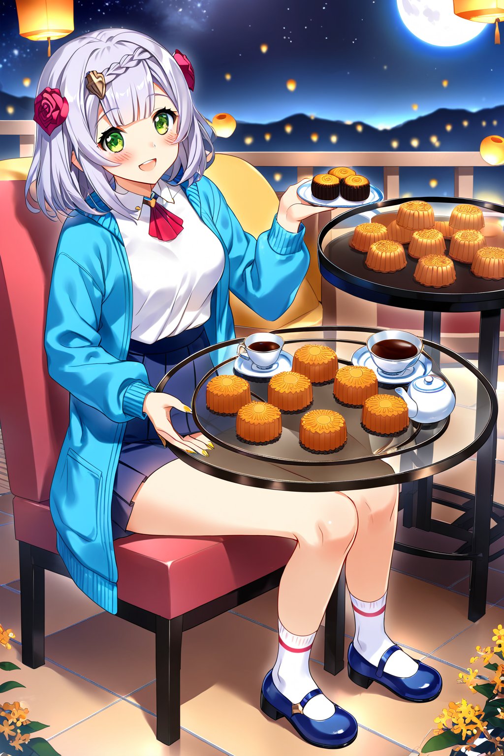 masterpiece, best quality,(1girl), solo,(depth of field),(solo focus),8K,HDR,(ultra high res),(highres),(full body),(full body),(lens flare),smiles,blush,(nice hands), (noelle \(genshin impact\)),(green eyes),(blunt bangs),(grey hair),(braided bangs),(crown braid),(medium breasts),(medium hair),(red roses hair ornament),(gold nails),(alternate costume),(aqua blue jacket), (open jacket),(long sleeves),(white shirt),(blue skirt),(casual outfit),(white socks),(blue footwear),(mary janes),(mid-autumn festival),(sky lantern),(sitting),(on chair),(armchair),(balcony),(((brown mooncake),food)on plate),(holding mooncake),(maple leaf),(teacup),(teapot),(sanbou),(tsukimi dango),((glass table),(round table)),(gold osmanthus),(yellow flower),(night sky),(star \(sky\)),(full moon),(culture),china,(tile floor), 