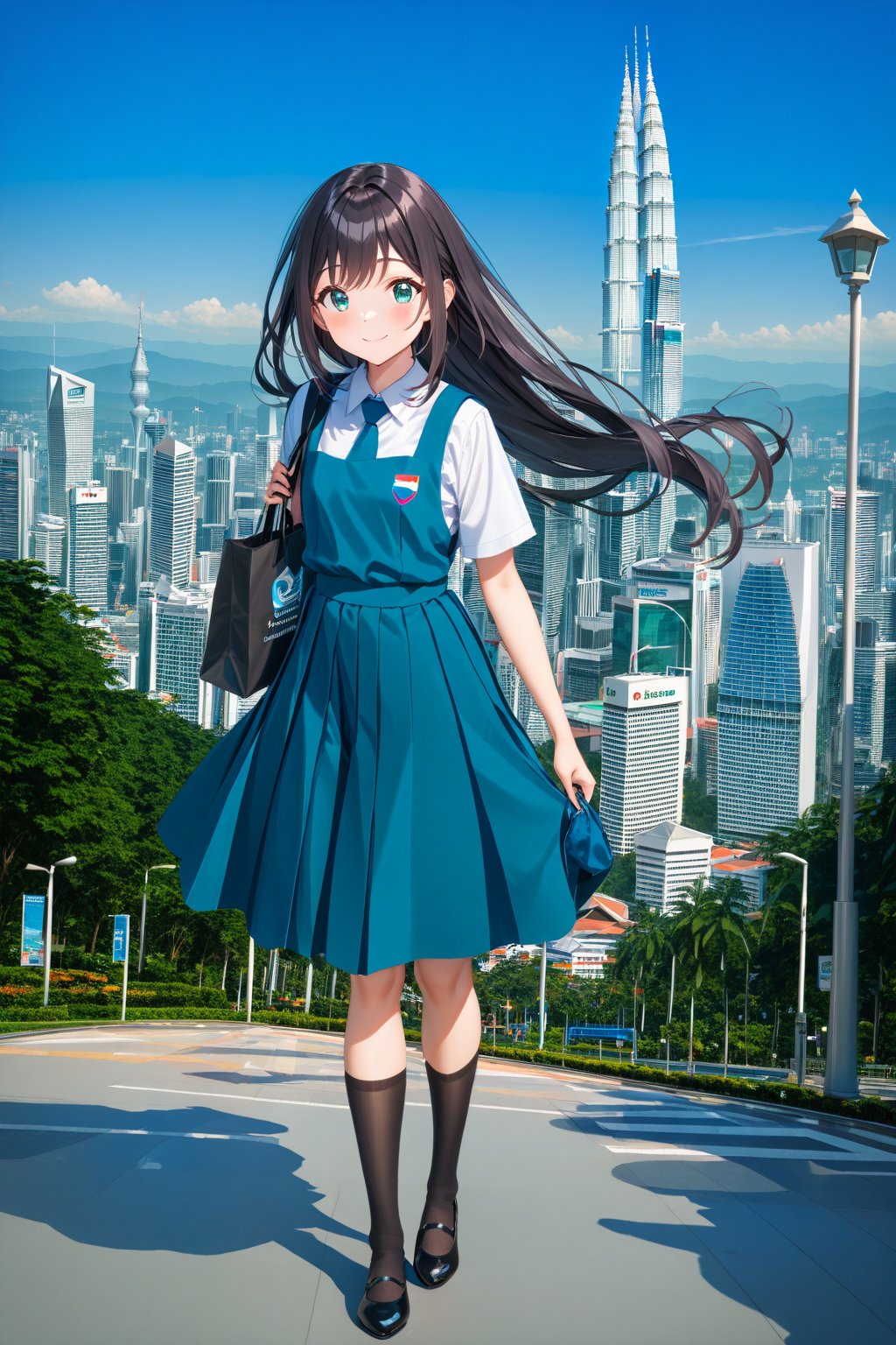 masterpiece, best quality,(1girl), solo,(depth of field),(solo focus),8K,HDR,(ultra high res),(highres),(full body),(lens flare),smiles,blush,(closed mouth),(black hair), (long hair),(aqua eyes),(floating hair), sidelocks,(malaysian secondary school uniform),(schoollogo),(school's logo on right side (pinafore dress)),(aqua blue skirt),(blue pinafore),(collared shirt),(white shirt),(short sleeves),(black socks),(black footwear),(ballet flats),(standing),(outdoors),(cityspace),(holding bag),(lamppost),urban,(petronas twins tower),KLCC,(Kuala Lumpur countryside),(Kuala Lumper Tower),Malaysia,(blue sky),