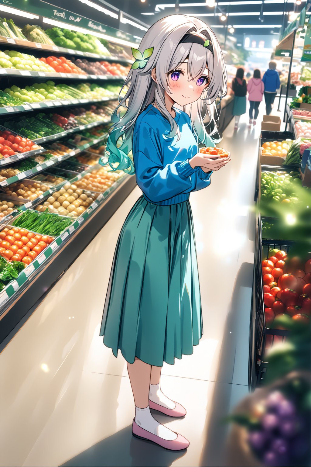 masterpiece, best quality,(1girl), solo,(depth of field),(solo focus),8K,HDR,(ultra high res),(highres),(Exquisite visuals),(narrow waist),(full body),(lens flare),smiles,blush,(nice hands), (perfect hands),((absurdres)),Firefly,(parted bangs),(purple eyes),(grey hair),(gradient hair),(hair intakes),(long hair),(black hairband),(leaf hair ornament),(black ribbon),(hair between eyes),(blue jacket),(pink shirt),(aqua skirt),(white socks),(pink footwear),(flats),(indoors),(shopping),(market),