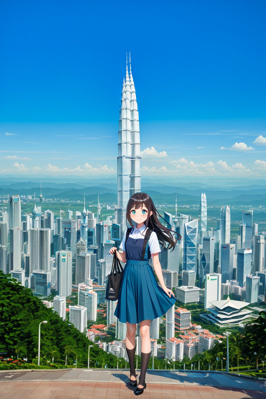 masterpiece, best quality,(1girl), solo,(depth of field),(solo focus),8K,HDR,(ultra high res),(highres),(full body),(lens flare),smiles,blush,(closed mouth),(black hair), (long hair),(aqua eyes),(floating hair), sidelocks,(malaysian secondary school uniform),(schoollogo),(school's logo on right side (pinafore dress)),(aqua blue skirt),(blue pinafore),(collared shirt),(white shirt),(short sleeves),(black socks),(black footwear),(ballet flats),(standing),(outdoors),(cityspace),(holding bag),(lamppost),urban,(petronas twin tower),(Longhouse) ,(national airport tower),KLCC,(Kuala Lumpur countryside),(Kuala Lumper Tower),Malaysia,(blue sky),landmarks 