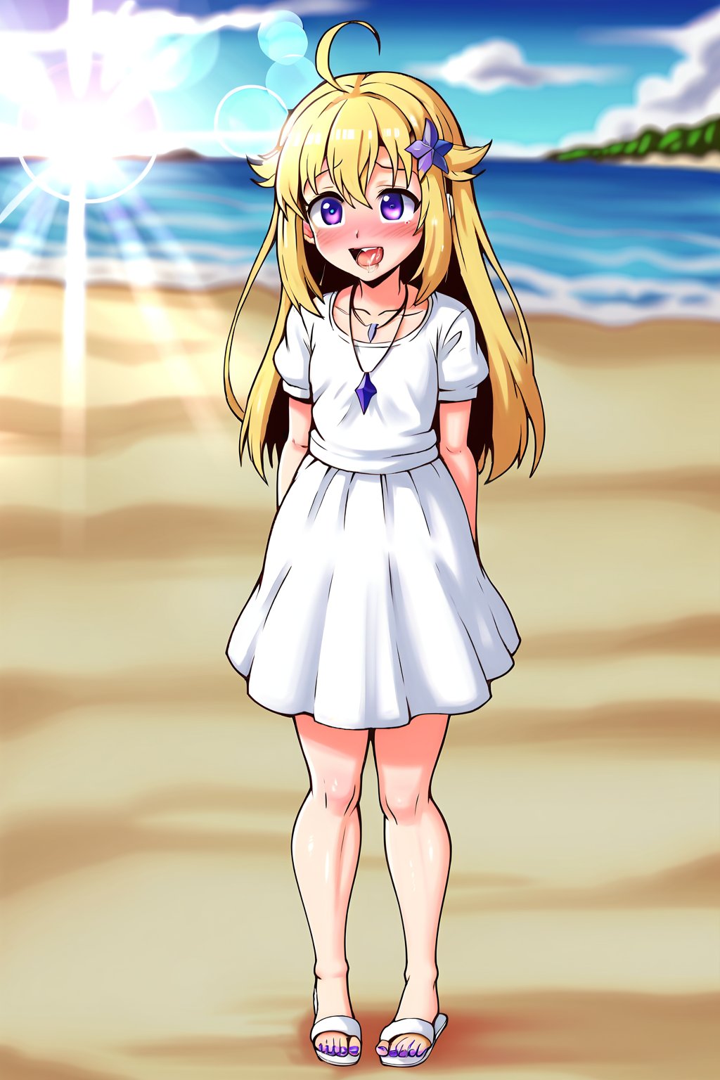 masterpiece, best quality,(1girl), solo,(depth of field),(solo focus),8K,HDR,(ultra high res),(highres),(full body),(lens flare),smiles,blush,ctiank0shi,ahoge (blonde hair),bangs,(long hair),(purple eyes),(hair ornament),(white dress),(short sleeves),(collarbone),(necklace),(white footwear),(sandals),(toenail polish),(standing),(outdoors),beach,ocean,sands,beach,morning,bokeh,