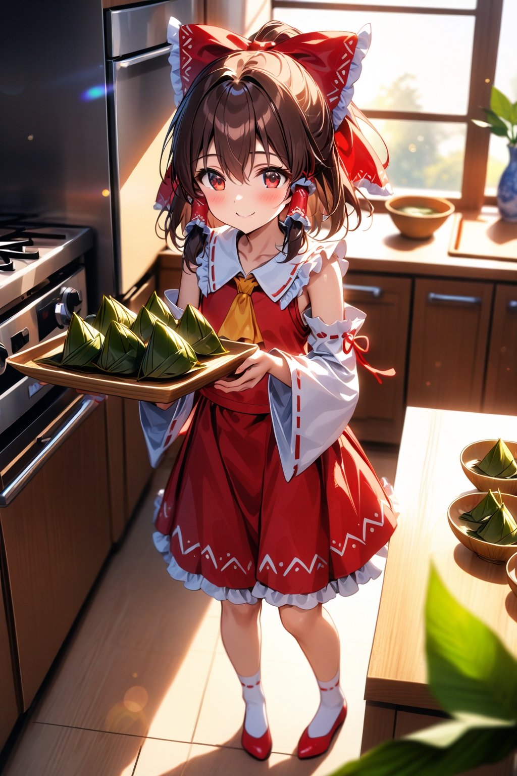 masterpiece, best quality,(1girl), solo,(depth of field),(solo focus),8K,HDR,(ultra high res),(highres),(full body),(full body),(perfect lighting),(lens flare),smiles,blush,(nice hands),(hakurei reimu),(red eyes),(brown hair),(bangs),(hair between eyes),(red ribbon),(hair bow),((frilled bow),(frilled hair tubes)),(red dress),(frilled shirt collar),((frilled ascot),(yellow ascot)),(frilled skirt),(detached sleeves),(long sleeves),(white sleeves),(ribbon-trimmed sleeves),(red footwear),(flats),(white socks),(standing),(indoors),(kitchen),(zongzi in the table),(holding zongzi),(piramid leaves),(dragon boat festival),(close mouth),