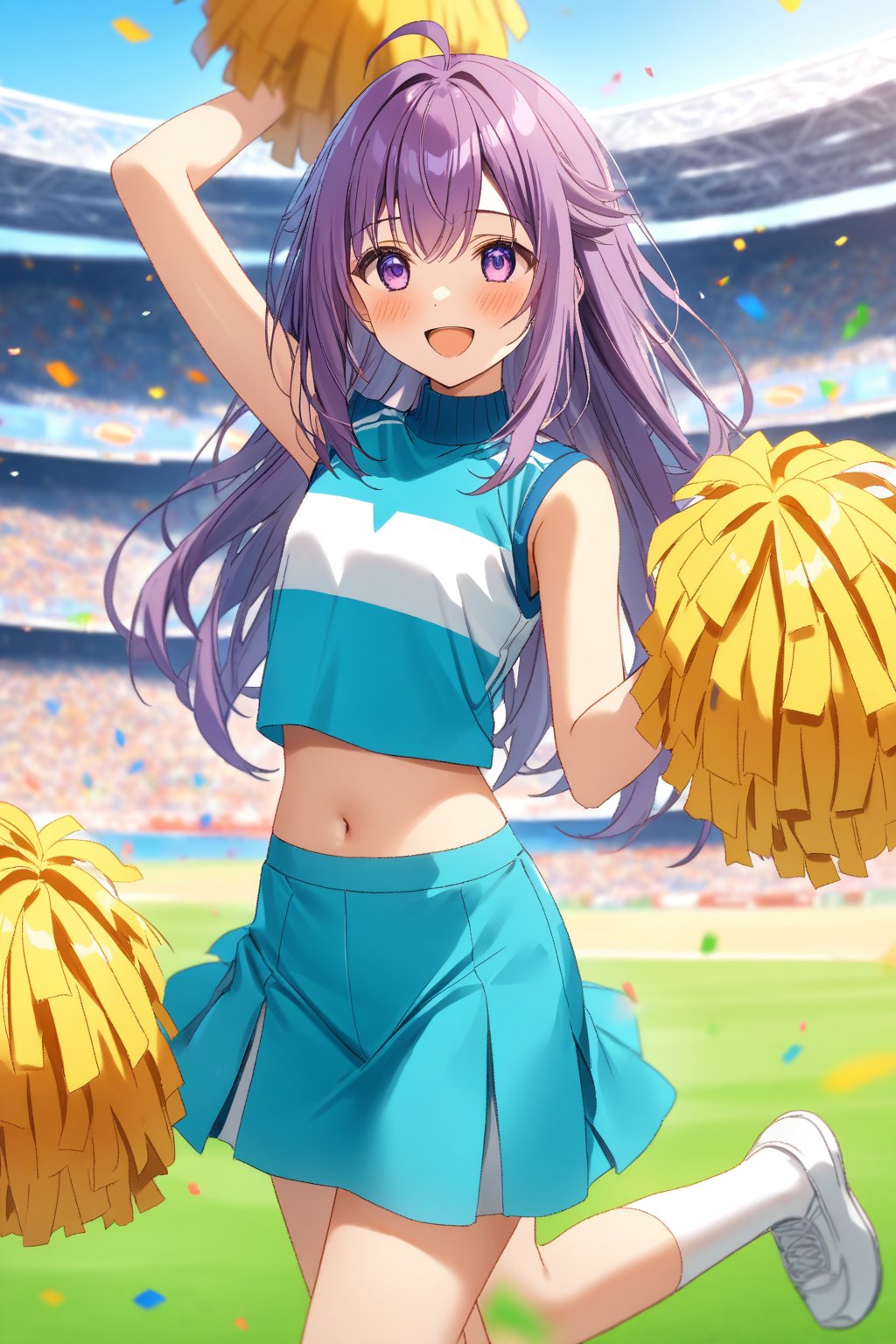 masterpiece, best quality,(1girl), solo,(depth of field),(solo focus),8K,HDR,(ultra high res),(highres),(full body),(lens flare),smiles,blush,(KJOANKO),(ahoge),(bangs),(purple hair),(long hair),(purple eyes),(blue shirt),(crop top),(aqua skirt),(pleated skirt),(sleeveless shirt),(white socks),(white footwear),(sneakers),(outdoors),(sports festival),cheerleader,(holding pom poms),(pom pom \(cheerleading\)),stadium,jyojifuku,navel,(arm up),(confetti)