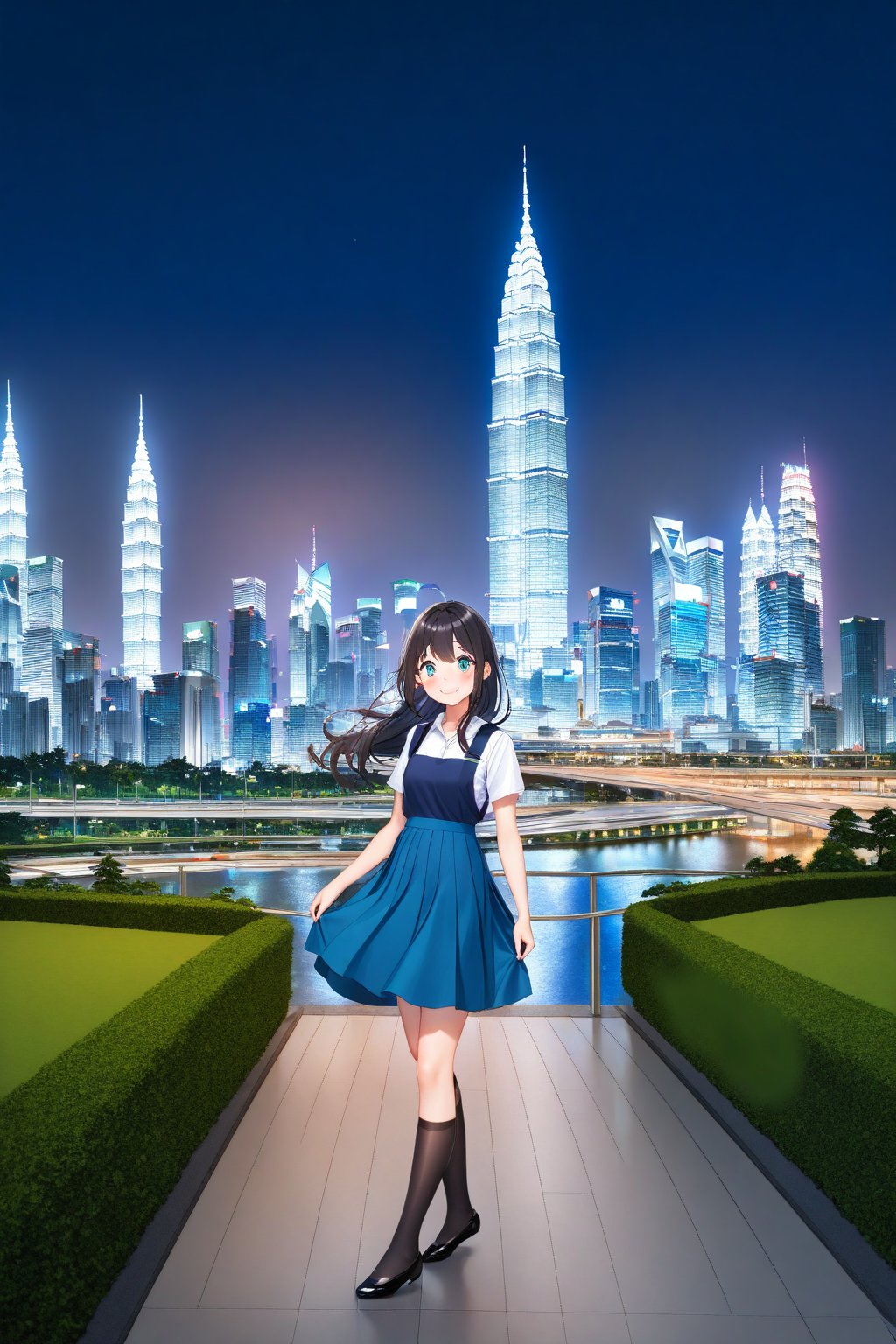 masterpiece, best quality,(1girl), solo,(depth of field),(solo focus),8K,HDR,(ultra high res),(highres),(full body),(lens flare),smiles,blush,(closed mouth),(black hair), (long hair),(aqua eyes),(floating hair), sidelocks,(malaysian secondary school uniform),(schoollogo),(school's logo on right side (pinafore dress)),(aqua blue skirt),(blue pinafore),(collared shirt),(white shirt),(short sleeves),(black socks),(black footwear),(ballet flats),(standing),(outdoors),(cityspace),(holding bag),(lamppost),(building),urban,(petronas twin tower),(Longhouse),(national airport tower),KLCC,(Kuala Lumpur countryside),(Kuala Lumper Tower),Malaysia,(blue sky),landmarks,night,fireworks, 🎇, 🎆,(Hibiscus rosa-sinensis),flower,