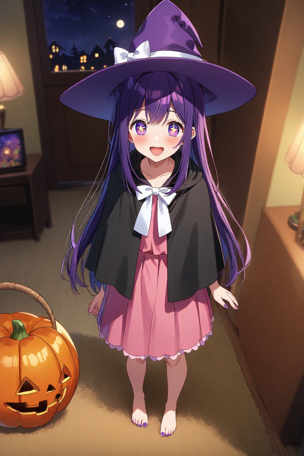 masterpiece, best quality,(1girl), solo,(depth of field),(solo focus),8K,HDR,(ultra high res),(highres),(full body),(lens flare),smiles,blush,(closed mouth),(ai hoshino),(purple eyes),(purple hair),(symbol-shaped pupils), bangs.(star \(symbol\)), (+_+), (very long hair),(rabbit hair ornament),(jewelry),(((purple headwear),(witch hat),(white bow))),dress,(white shirt),(pink skirt),(barefoot),(toenail polish),(purple nails),(black capelet),(open mouth),(standing),(halloween),(halloween bucket),(halloween costume),(happy halloween),indoors, moon,star,(holding pumpkin),(candy cane),(jack-o'-lantern),carpet,curtain,(living room),couch,night,