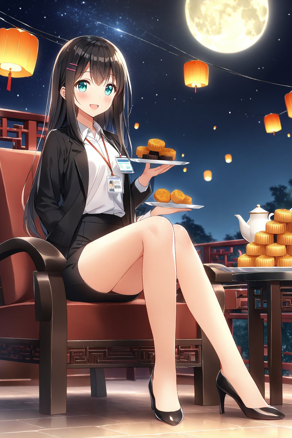 masterpiece, best quality,(1girl), solo,(depth of field),(solo focus),8K,HDR,(ultra high res),(highres),(full body),(full body),(lens flare),smiles,blush,(nice hands), (black hair),(long hair), bangs,(aqua eyes),(hairclip),(id card),(strap),(black jacket),(open jacket),(white shirt),(collared shirt),(black skirt),(pencil skirt),(black footwear),(high heels),(mid-autumn festival),(sky lantern),(sitting),(on chair),(armchair),(balcony),(((brown mooncake),food)on plate),(holding mooncake),(maple leaf),(teacup),(teapot),(sanbou),(tsukimi dango),((glass table),(round table)),(gold osmanthus),(yellow flower),(night sky),(star \(sky\)),(full moon),(culture),china,(tile floor),