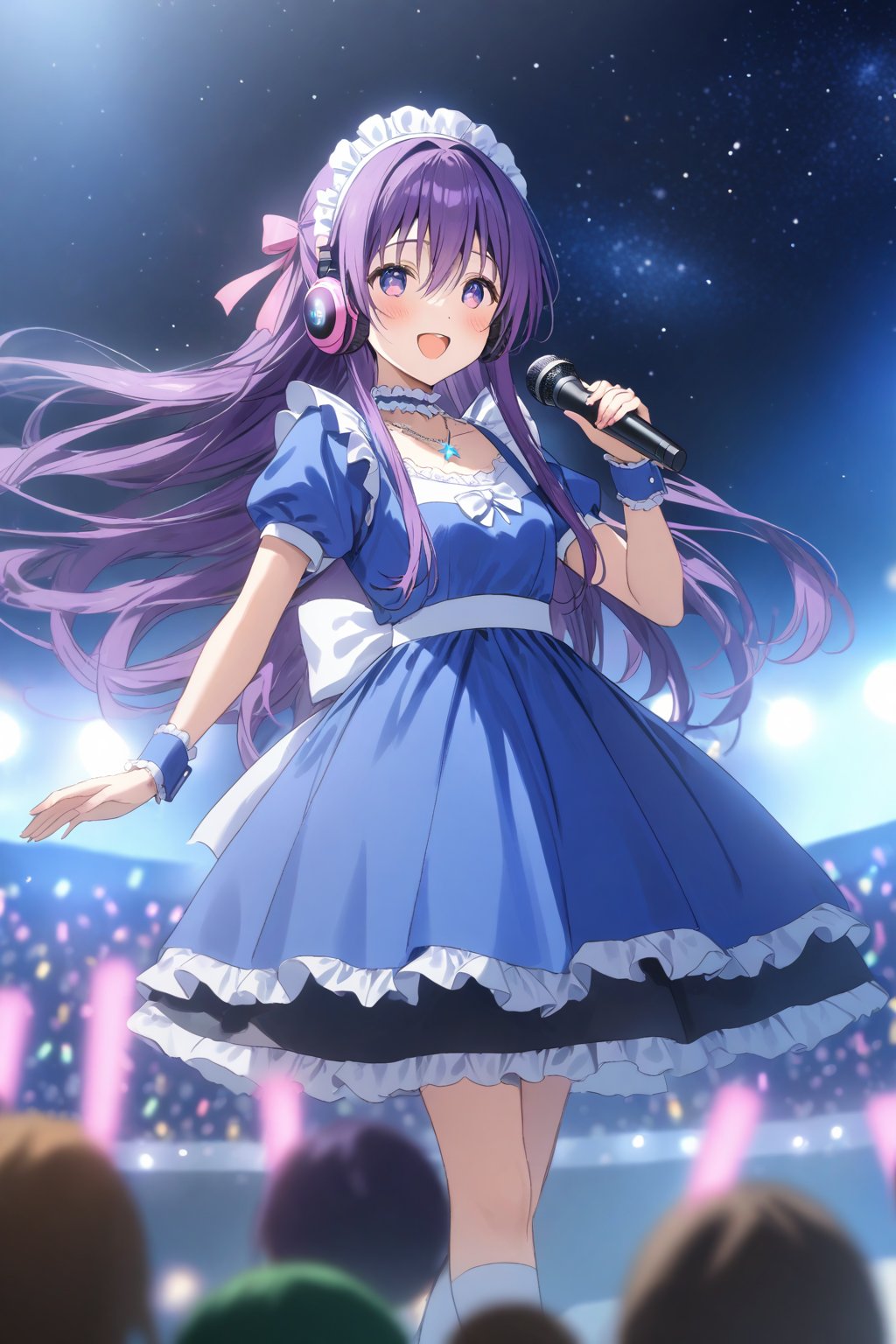 masterpiece, best quality,(1girl), solo,(depth of field),(solo focus),8K,HDR,(ultra high res),(highres),(full body),(lens flare),smiles,blush,(tooka yatogami),(hair between eyes),(white bows),(hair bows),(hair ribbon), earrings, (purple eyes), (purple hair),(floating hair),(very long hair),bangs, sidelocks,(maid headress),(idol clothes),(white bowtie),(blue dress),(frilled choker),(pink ribbon),(puffy short sleeves),(wrist cuffs)(white apron),(necklace),(white sock), (blue footwear),(mary janes),(pink headphones),(outdoors),(holding microphone),music, singing,(stage),(stage lights),(star (sky)),sparkle,(scaffolding),(standing),audience,glowstick,(outstretched arm),(feet out of frame),(leg up),