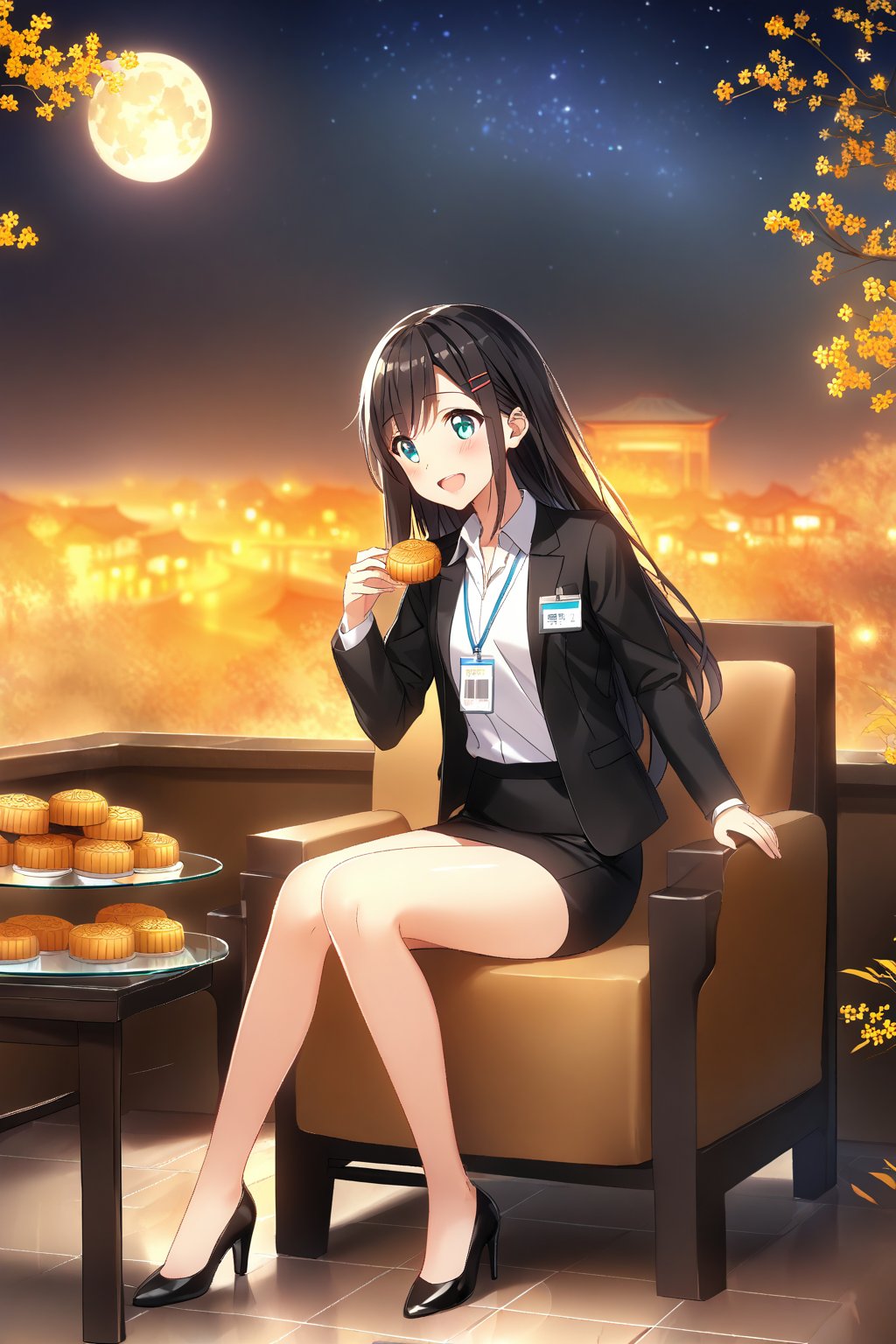 masterpiece, best quality,(1girl), solo,(depth of field),(solo focus),8K,HDR,(ultra high res),(highres),(full body),(full body),(lens flare),smiles,blush,(nice hands), (black hair),(long hair), bangs,(aqua eyes),(hairclip),(id card),(strap),(black jacket),(open jacket),(white shirt),(collared shirt),(black skirt),(pencil skirt),(black footwear),(high heels),(mid-autumn festival),(sky lantern),(sitting),(on chair),(armchair),(balcony),(((brown mooncake),food)on plate),(holding mooncake),(maple leaf),(teacup),(teapot),(sanbou),(tsukimi dango),((glass table),(round table)),(gold osmanthus),(yellow flower),(night sky),(star \(sky\)),(full moon),(culture),china,(tile floor),