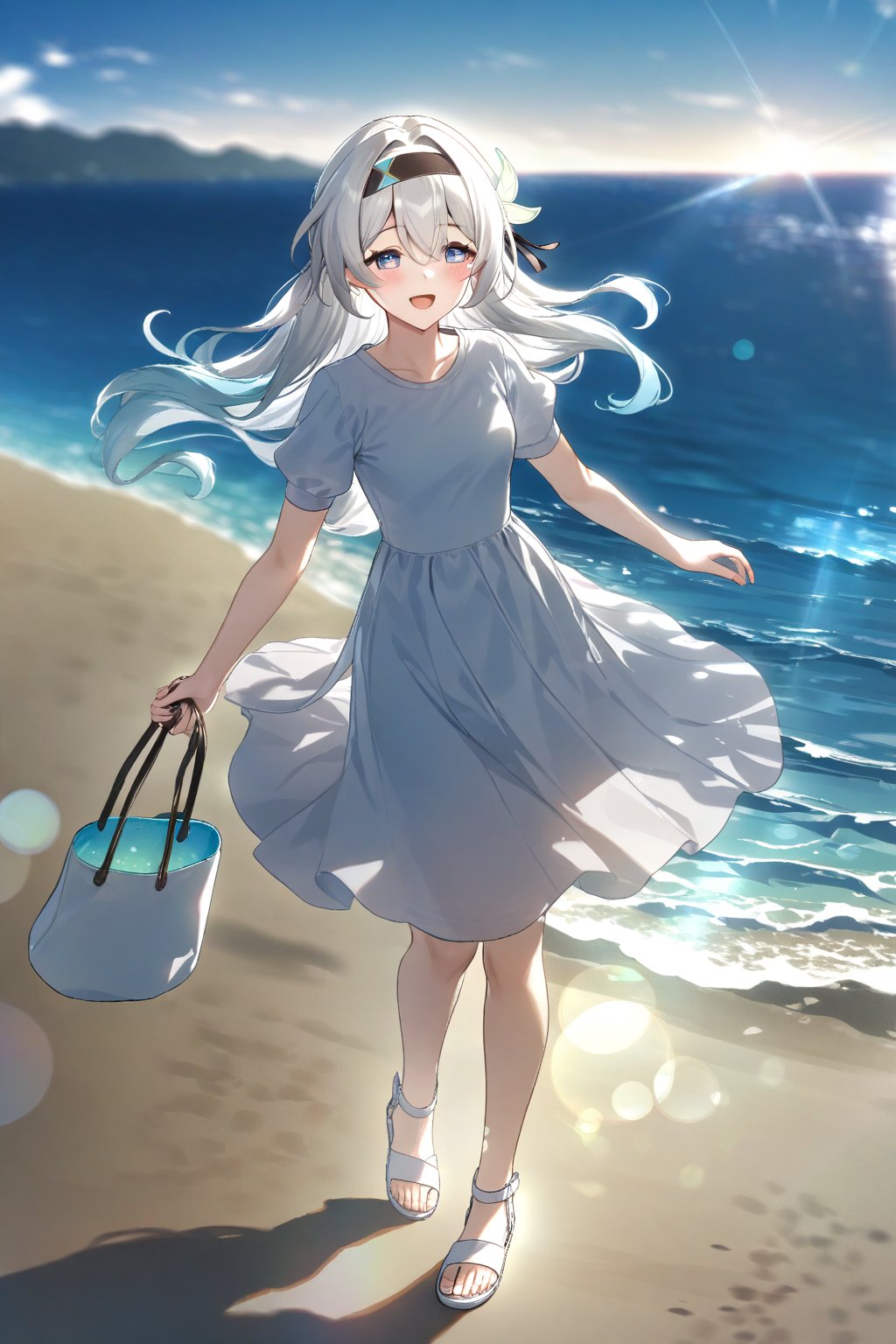 masterpiece, best quality,(1girls), solo,(depth of field),(solo focus),8K,HDR,(ultra high res),(highres),(full body),(perfect lighting),(lens flare),smiles,blush,(nice hands), (perfect hands),(firefly \(honkai: star rail\)),(floating hair),(hair flower),(black hairband),(puffy short sleeves),(white dress),(white skirt),(medium skirt), (white hat), outdoors, wind,(holding hand bag),(no socks),(white footwear),(sandals),bokeh,ocean,sunlight,standing,(blue sky),sand,