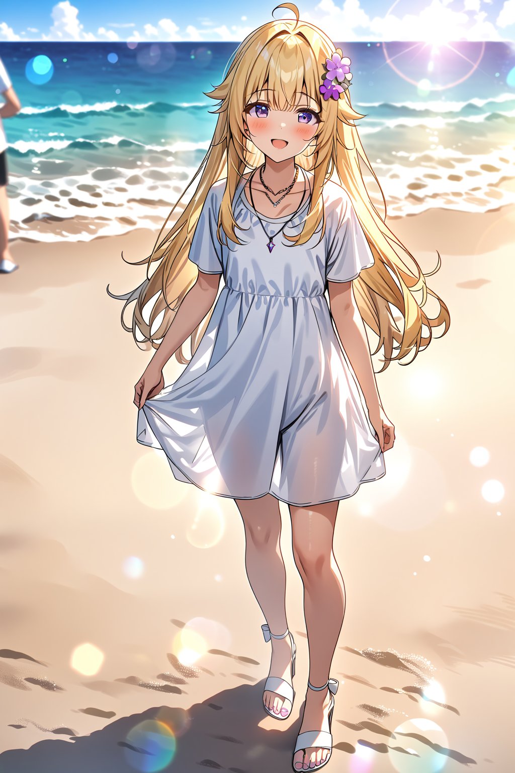 masterpiece, best quality,(1girl), solo,(depth of field),(solo focus),8K,HDR,(ultra high res),(highres),(full body),(lens flare),smiles,blush,ctiank0shi,ahoge (blonde hair),bangs,(long hair),(purple eyes),(hair ornament),(white dress),(short sleeves),(collarbone),(necklace),(white footwear),(sandals),(toenail polish),(standing),(outdoors),beach,ocean,sands,beach,morning,bokeh,