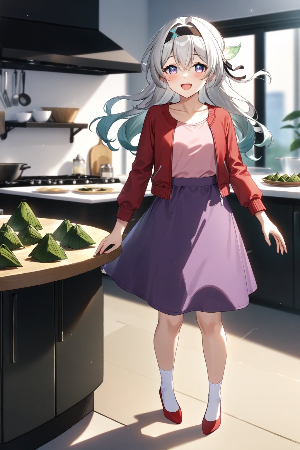 masterpiece, best quality,(multiple girls), solo,(depth of field),(solo focus),8K,HDR,(ultra high res),(highres),(full body),(full body),(perfect lighting),(lens flare),smiles,blush,(nice hands), (perfect hands),(firefly \(honkai: star rail\),((absurdres)),(floating hair),(hair flower),(black hairband),(casual dress),(red jacket),(open jacket),(long sleeves),(pink shirt),(purple skirt),(white socks),(red footwear),(flats),(standing),(indoors),(kitchen),(zongzi in the table),food,(piramid leaves),(dragon boat festival),