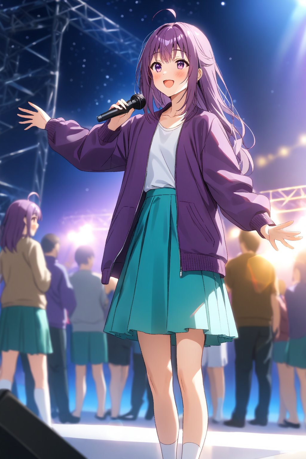 masterpiece, best quality,(1girl), solo,(depth of field),(solo focus),8K,HDR,(ultra high res),(highres),(full body),(lens flare),smiles,blush,(KJOANKO),(ahoge),(bangs),(purple hair),(long hair),(purple eyes),(purple jacket),(open jacket),(white shirt),(collarbone),(aqua skirt),(white socks),(purple footwear),(flats),(outdoors),(holding microphone),music, singing,(stage lights),(star (sky)),sparkle,(scaffolding),(standing),audience,glowstick,(outstretched arm),(feet out of frame),