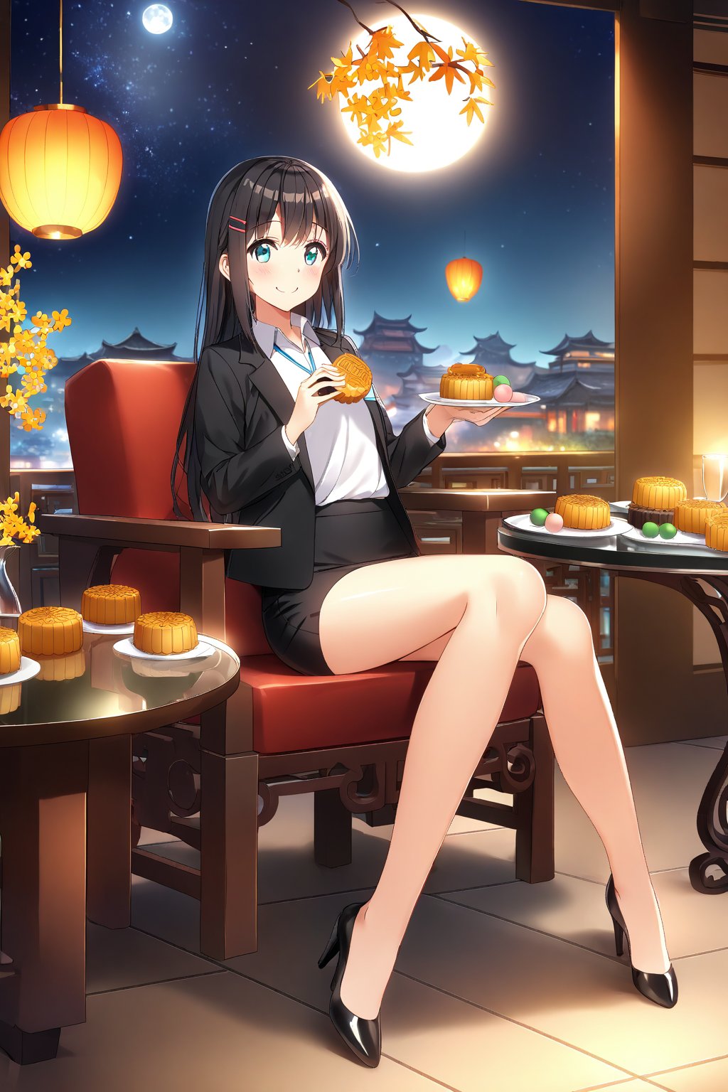 masterpiece, best quality,(1girl), solo,(depth of field),(solo focus),8K,HDR,(ultra high res),(highres),(full body),(full body),(lens flare),smiles,blush,(nice hands), (black hair),(long hair), bangs,(aqua eyes),(hairclip),(id card),(strap),(black jacket),(open jacket),(white shirt),(collared shirt),(black skirt),(pencil skirt),(black footwear),(high heels),(mid-autumn festival),(sky lantern),(sitting),(on chair),(armchair),(balcony),(((brown mooncake),food)on plate),(holding mooncake),(maple leaf),(teacup),(teapot),(sanbou),(tsukimi dango),((glass table),(round table)),(gold osmanthus),(yellow flower),(night sky),(star \(sky\)),(full moon),(culture),china,(tile floor),