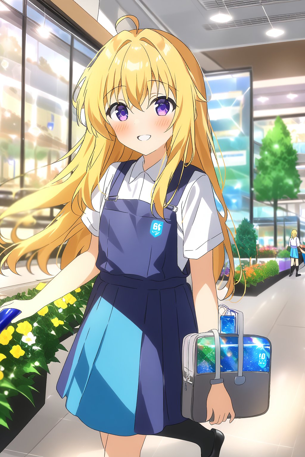 score_9, score_8_up, score_7_up, source_anime,masterpiece, best quality,(1girl), solo,(depth of field),(solo focus),8K,HDR,(ultra high res),(highres),(full body),(lens flare),smiles,blush,ctiank0shi,ahoge (blonde hair),bangs,(long hair),(purple eyes),(malaysian secondary school uniform),(schoollogo),(school's logo on right side (pinafore dress)),(aqua blue skirt),(blue pinafore),(collared shirt),(white shirt),(short sleeves),(black socks),(black footwear),(ballet flats),(holding school bag),(indoors),(shopping mall),bench, (flower pot),bush, flag, (tree pot), scenery, (glass handrail), reflection, (decorate ceiling),(ceiling lighting),stainless