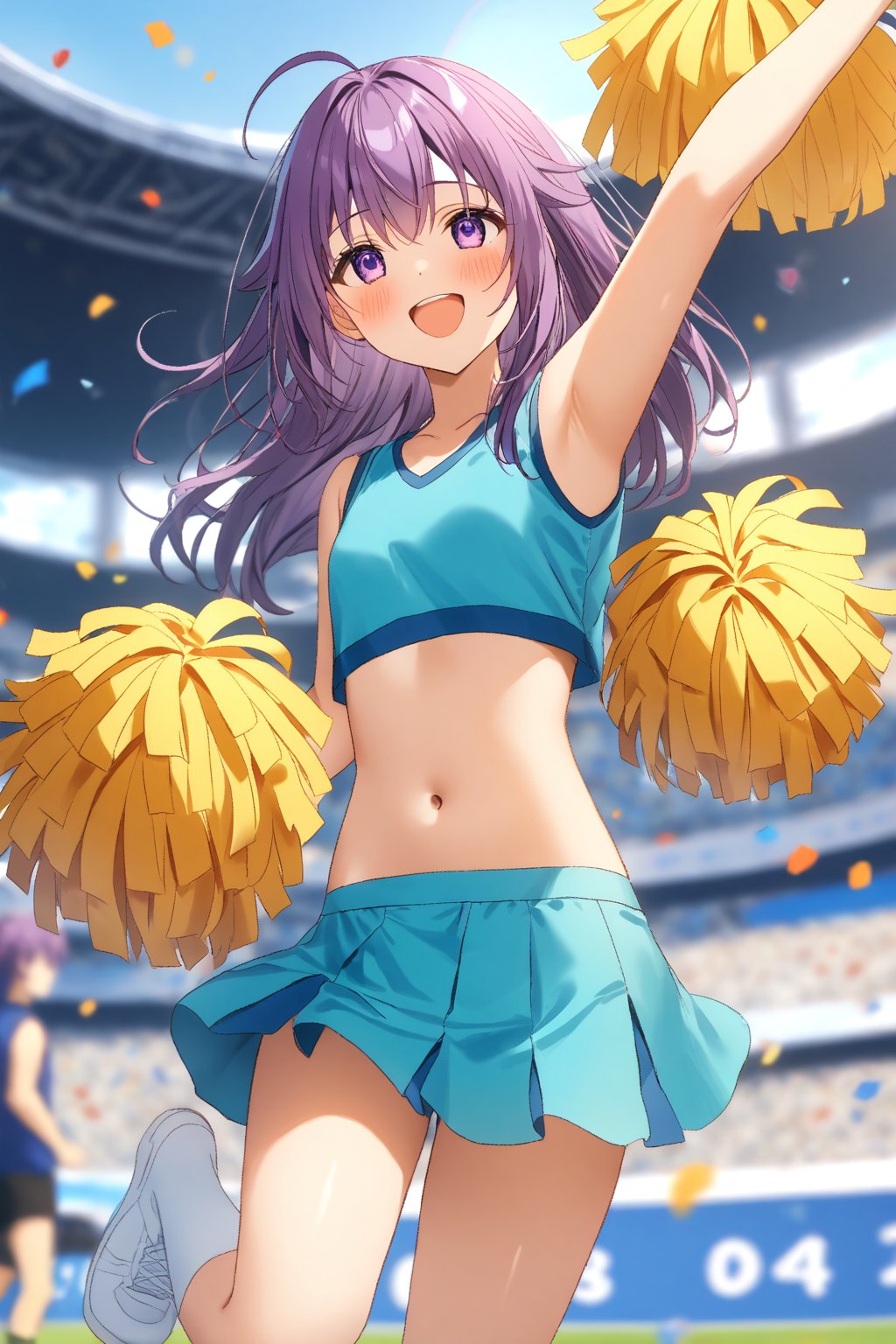 masterpiece, best quality,(1girl), solo,(depth of field),(solo focus),8K,HDR,(ultra high res),(highres),(full body),(lens flare),smiles,blush,(KJOANKO),(ahoge),(bangs),(purple hair),(long hair),(purple eyes),(blue shirt),(crop top),(aqua skirt),(pleated skirt),(sleeveless shirt),(white socks),(white footwear),(sneakers),(outdoors),(sports festival),cheerleader,(holding pom poms),(pom pom \(cheerleading\)),stadium,jyojifuku,navel,(arm up),(confetti)