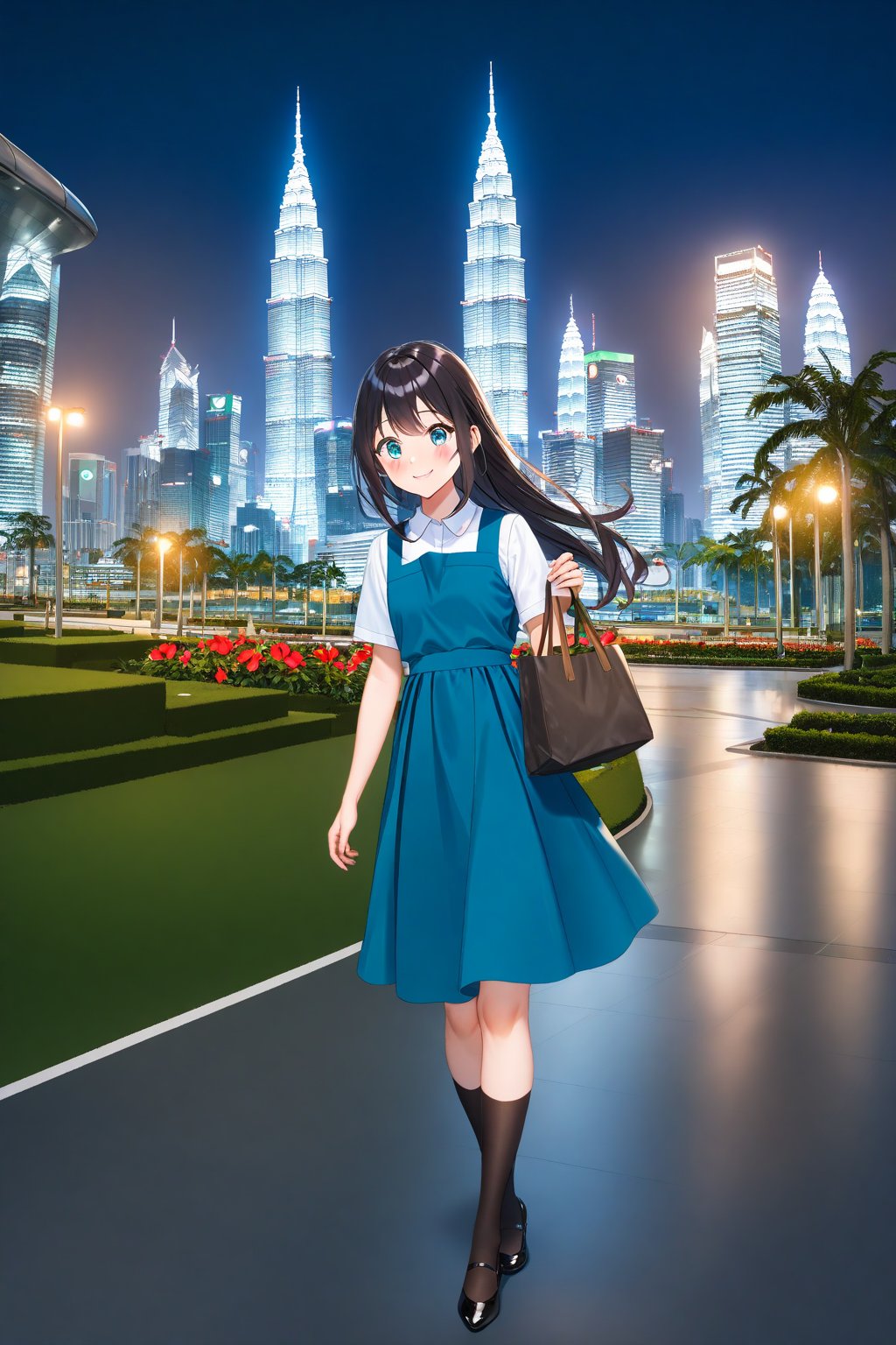 masterpiece, best quality,(1girl), solo,(depth of field),(solo focus),8K,HDR,(ultra high res),(highres),(full body),(lens flare),smiles,blush,(closed mouth),(black hair), (long hair),(aqua eyes),(floating hair), sidelocks,(malaysian secondary school uniform),(schoollogo),(school's logo on right side (pinafore dress)),(aqua blue skirt),(blue pinafore),(collared shirt),(white shirt),(short sleeves),(black socks),(black footwear),(ballet flats),(standing),(outdoors),(cityspace),(holding bag),(lamppost),(building),urban,(petronas twin tower),(Longhouse),(national airport tower),KLCC,(Kuala Lumpur countryside),(Kuala Lumper Tower),Malaysia,(blue sky),landmarks,night,fireworks, 🎇, 🎆,(Hibiscus rosa-sinensis),flower,