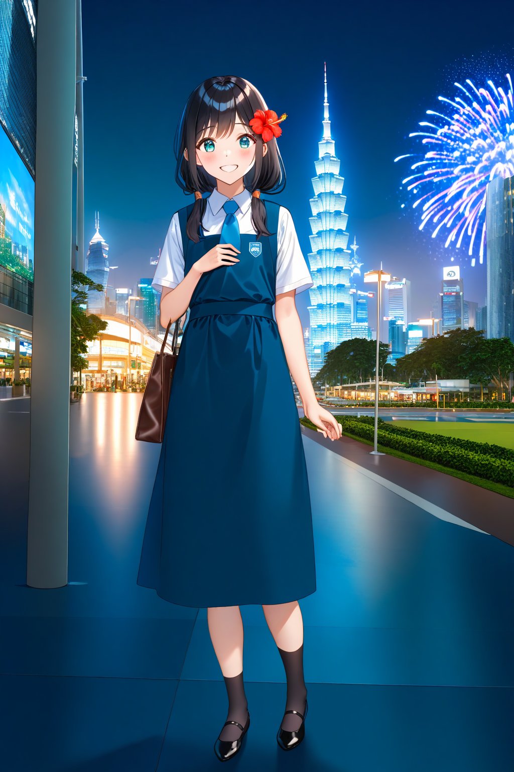 masterpiece, best quality,(1girl), solo,(depth of field),(solo focus),8K,HDR,(ultra high res),(highres),(full body),(lens flare),smiles,blush,(black hair), (long hair),(aqua eyes),(floating hair), sidelocks,(malaysian secondary school uniform),(schoollogo),(school's logo on right side (pinafore dress)),(aqua blue skirt),(blue pinafore),(collared shirt),(white shirt),(short sleeves),(black socks),(black footwear),(ballet flats),(standing),(outdoors),(cityspace),(holding hand bag),(lamppost),(building),urban,(petronas twin tower),(Longhouse),(national airport tower),KLCC,(Kuala Lumpur countryside),(Kuala Lumper Tower),Malaysia,(blue sky),landmarks,night,firework,(Hibiscus rosa-sinensis),flower,street