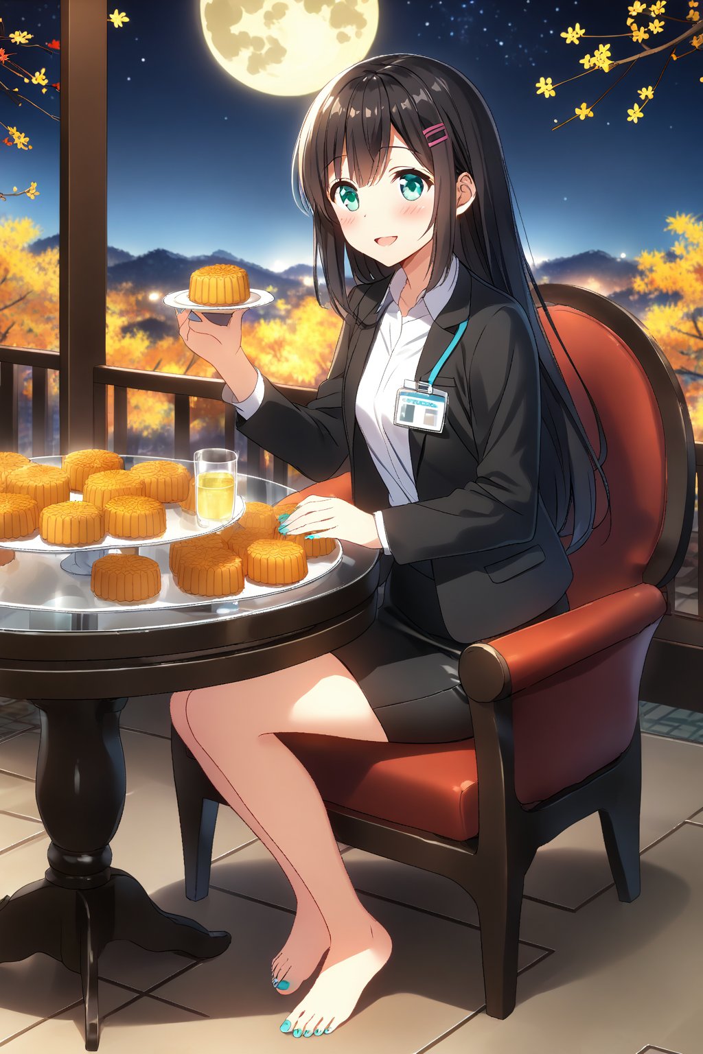 masterpiece, best quality,(1girl), solo,(depth of field),(solo focus),8K,HDR,(ultra high res),(highres),(full body),(full body),(lens flare),smiles,blush,(nice hands), (black hair),(long hair), bangs,(aqua eyes),(hairclip),(id card),(strap),(black jacket),(open jacket),(white shirt),(collared shirt),(black skirt),(pencil skirt),(barefoot),(toenail polish),(aqua nails),(unworn high heels),(mid-autumn festival),(sky lantern),(sitting),(on chair),(armchair),(balcony),(((brown mooncake),food)on plate),(holding mooncake),(maple leaf),(teacup),(teapot),(sanbou),(tsukimi dango),((glass table),(round table)),(gold osmanthus),(yellow flower),(night sky),(star \(sky\)),(full moon),(culture),china,(tile floor),