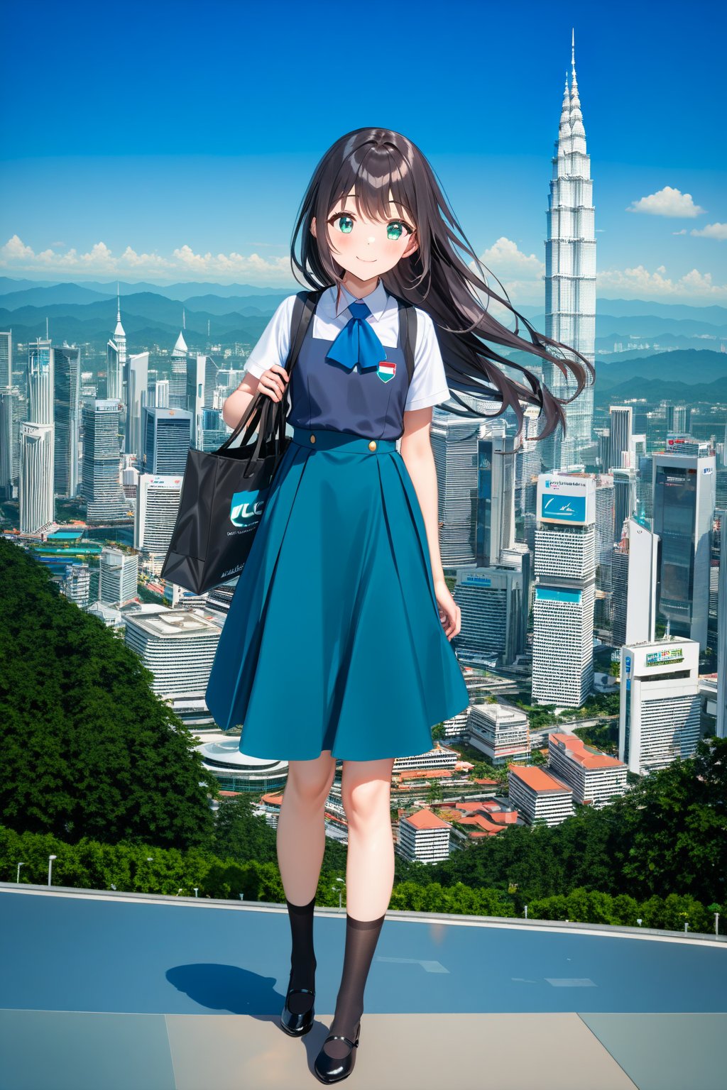 masterpiece, best quality,(1girl), solo,(depth of field),(solo focus),8K,HDR,(ultra high res),(highres),(full body),(lens flare),smiles,blush,(closed mouth),(black hair), (long hair),(aqua eyes),(floating hair), sidelocks,(malaysian secondary school uniform),(schoollogo),(school's logo on right side (pinafore dress)),(aqua blue skirt),(blue pinafore),(collared shirt),(white shirt),(short sleeves),(black socks),(black footwear),(ballet flats),(standing),(outdoors),(cityspace),(holding bag),(lamppost),urban,(petronas twins tower),(twin tower),(national airport tower),KLCC,(Kuala Lumpur countryside),(Kuala Lumper Tower),Malaysia,(blue sky),