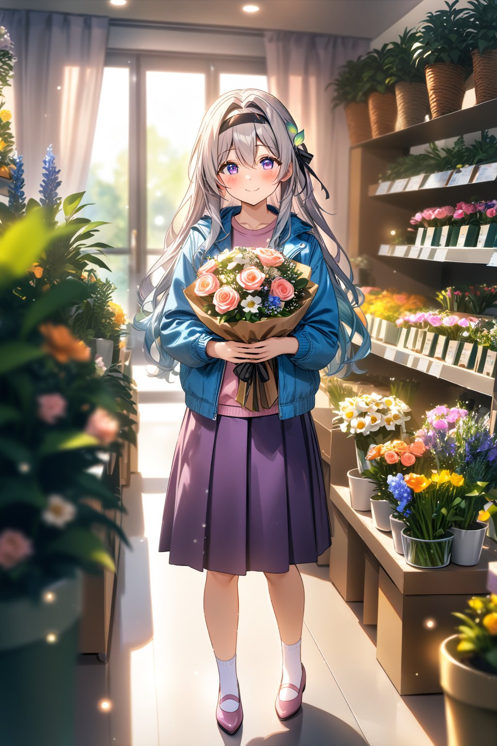 masterpiece, best quality,(1girl), solo,(depth of field),(solo focus),8K,HDR,(ultra high res),(highres),(full body),(lens flare),smiles,blush,(closed mouth),Firefly,(parted bangs),(purple eyes),(grey hair),(gradient hair),(hair intakes),(long hair),(black hairband),(leaf hair ornament),(black ribbon),(hair between eyes),(blue jacket),(pink shirt),(purple skirt),(white socks),(pink footwear),(flats),(standing),(indoors),curtains,(flower shop),(shop),(holding bouquet),florist,(loaded interior),(potted plant),(flower),vase,wreath,